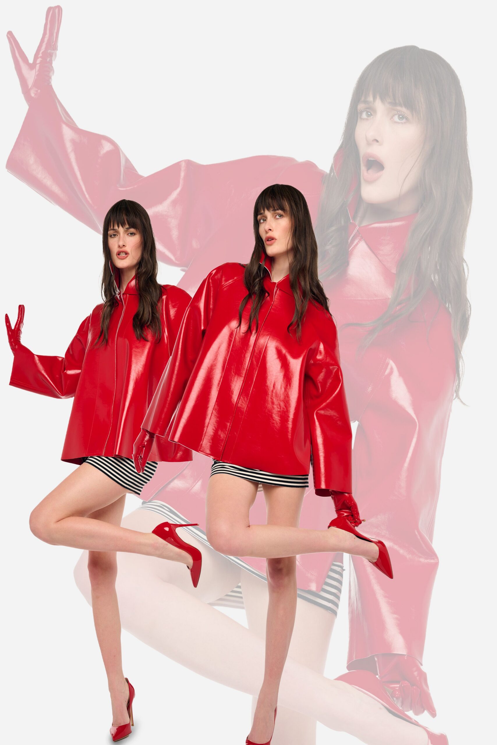 oversized red vinyl jacket with striped shorts