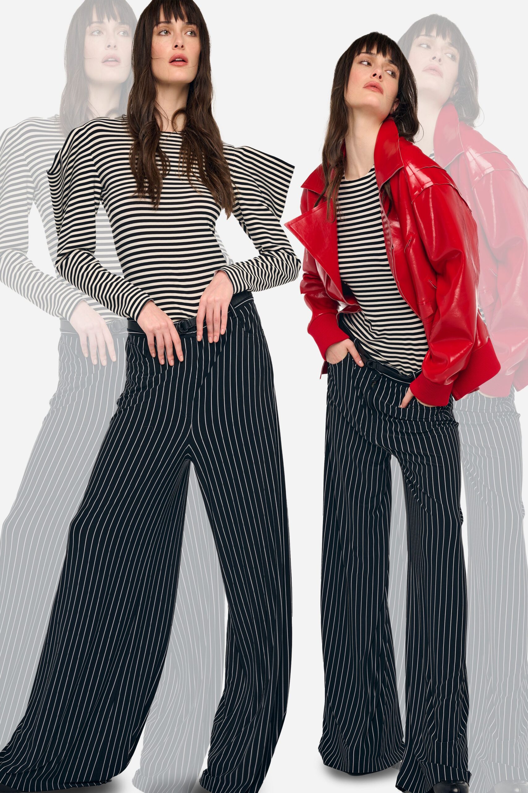 striped top red leather jacket