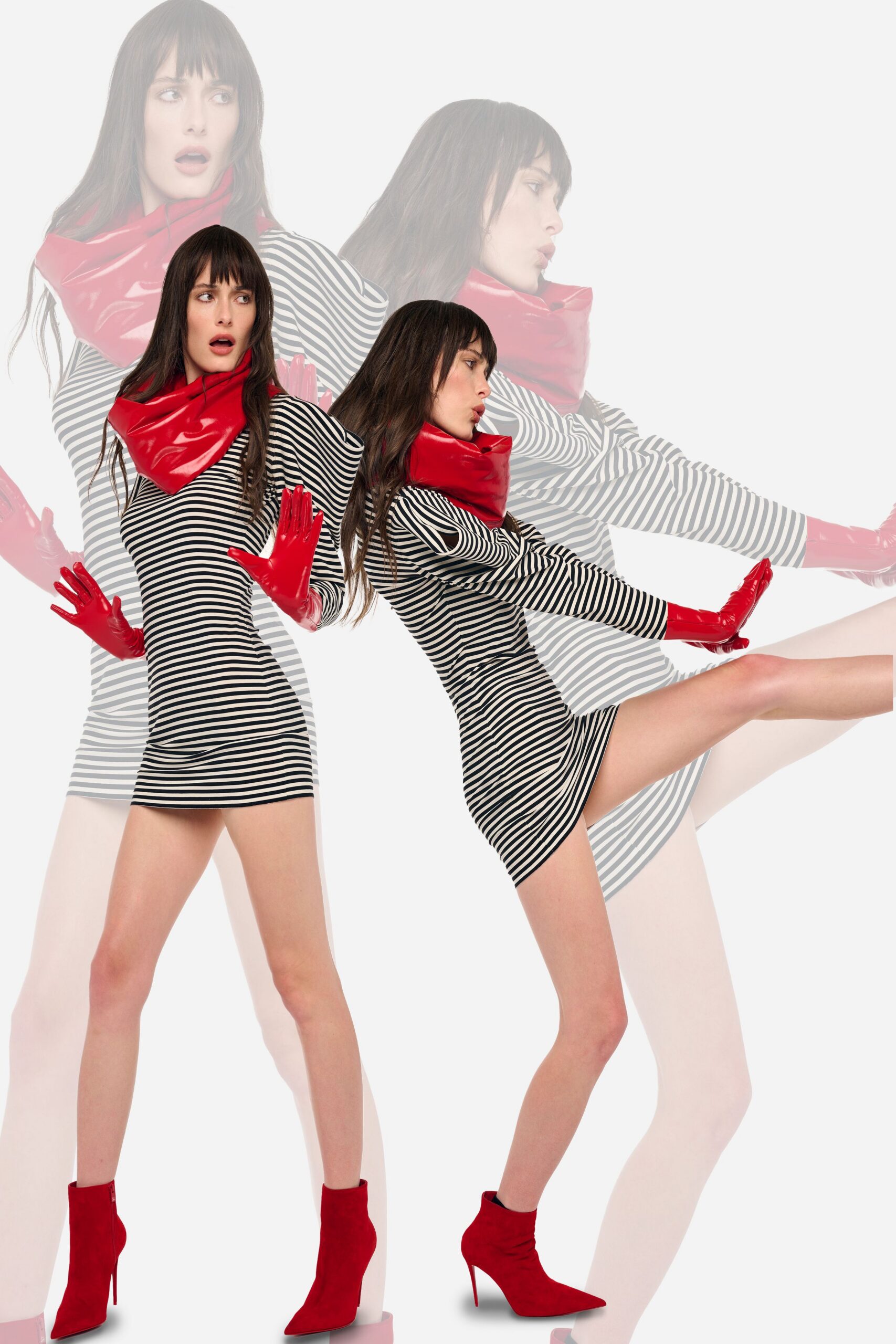 fitted striped mini-dress with red accessories