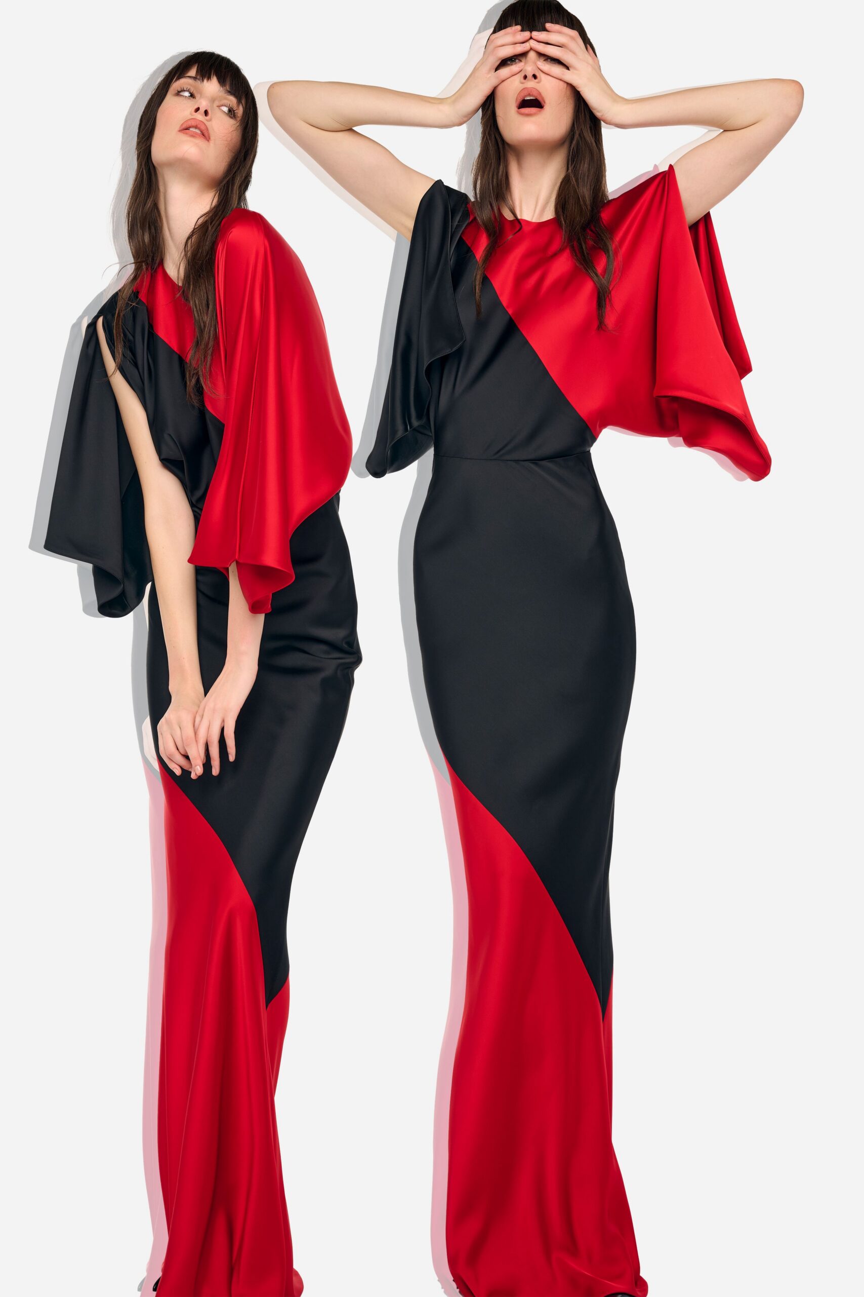 black and red draped gowns