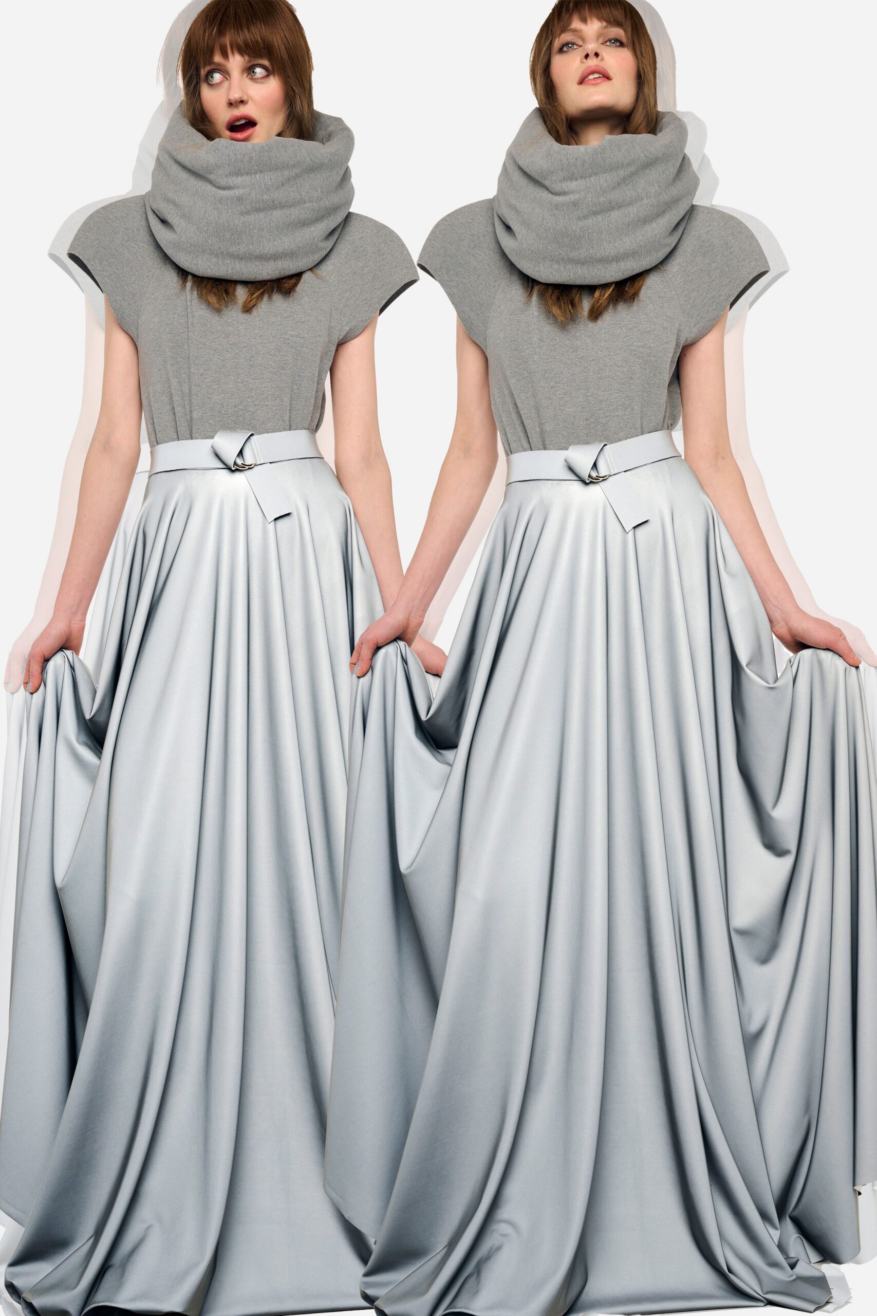 gray wool top and silver satin skirt