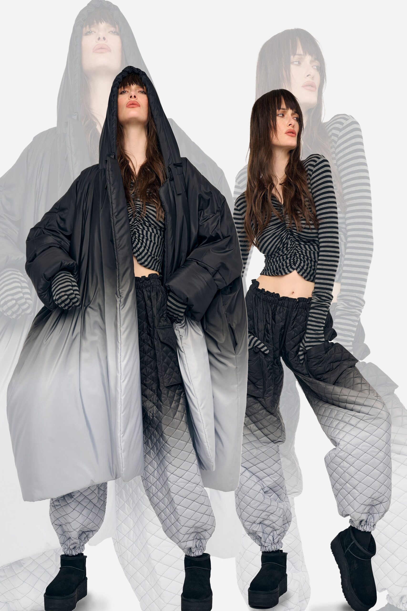black faux-fur hooded oversized zippered flowing coat