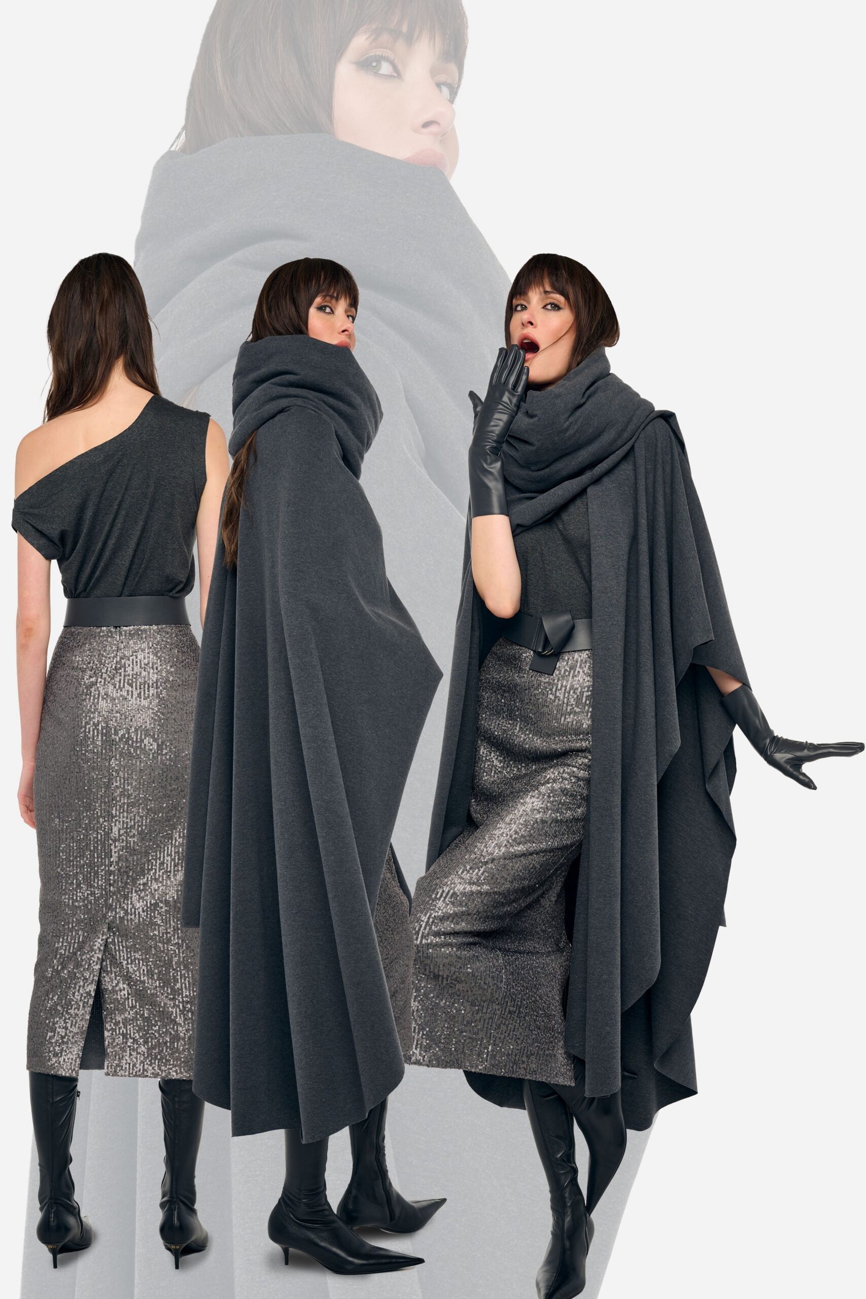 black fitted top gray sequin skirt