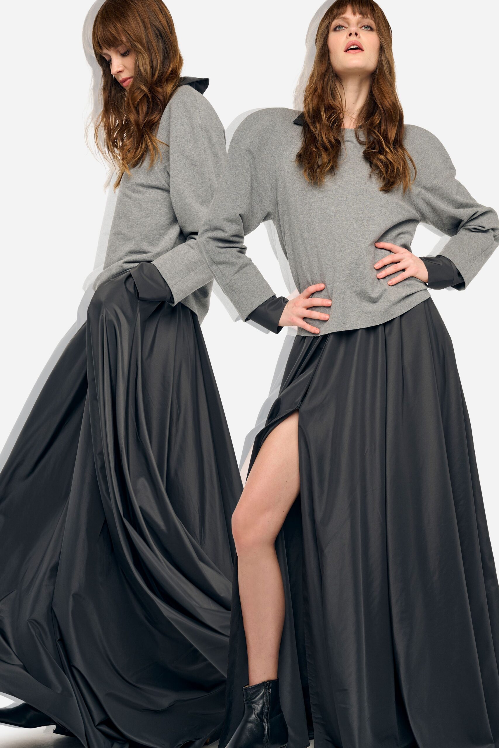 black silk slit fitted high-waisted flowing maxi skirt