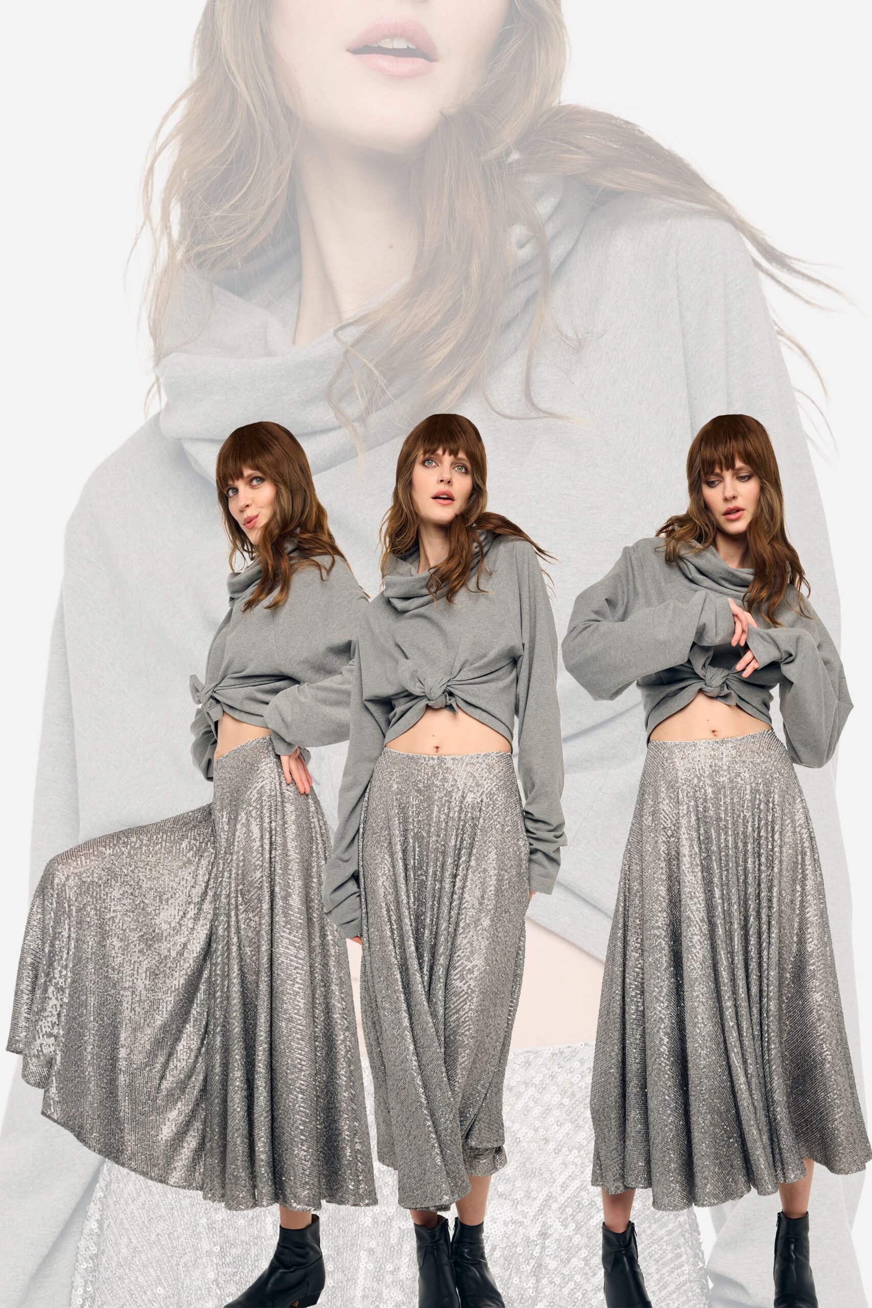 gray relaxed top with silver flared skirt