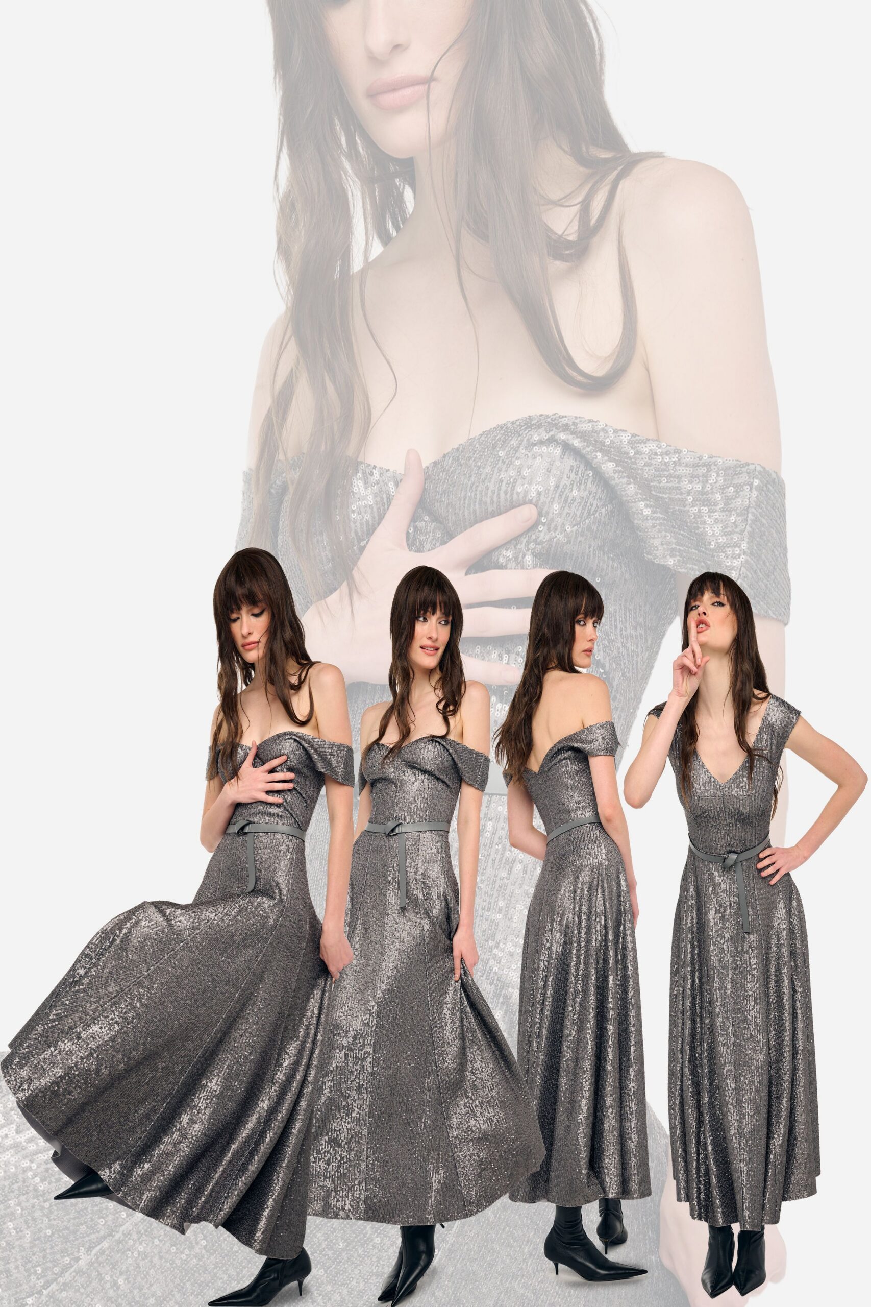 gray metallic off-shoulder v-neck fitted draped tiered gown