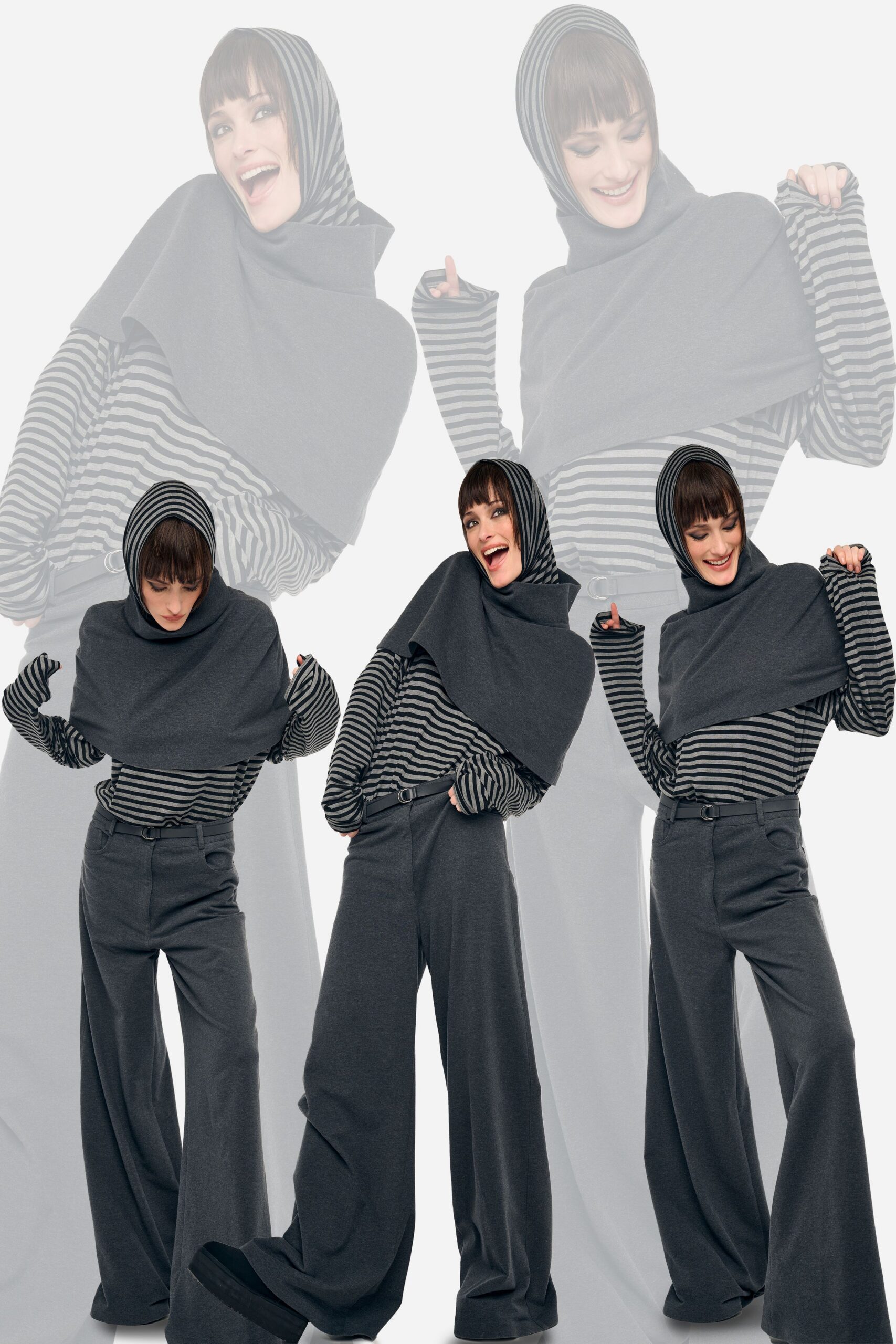 gray striped hooded top and wide-leg pants
