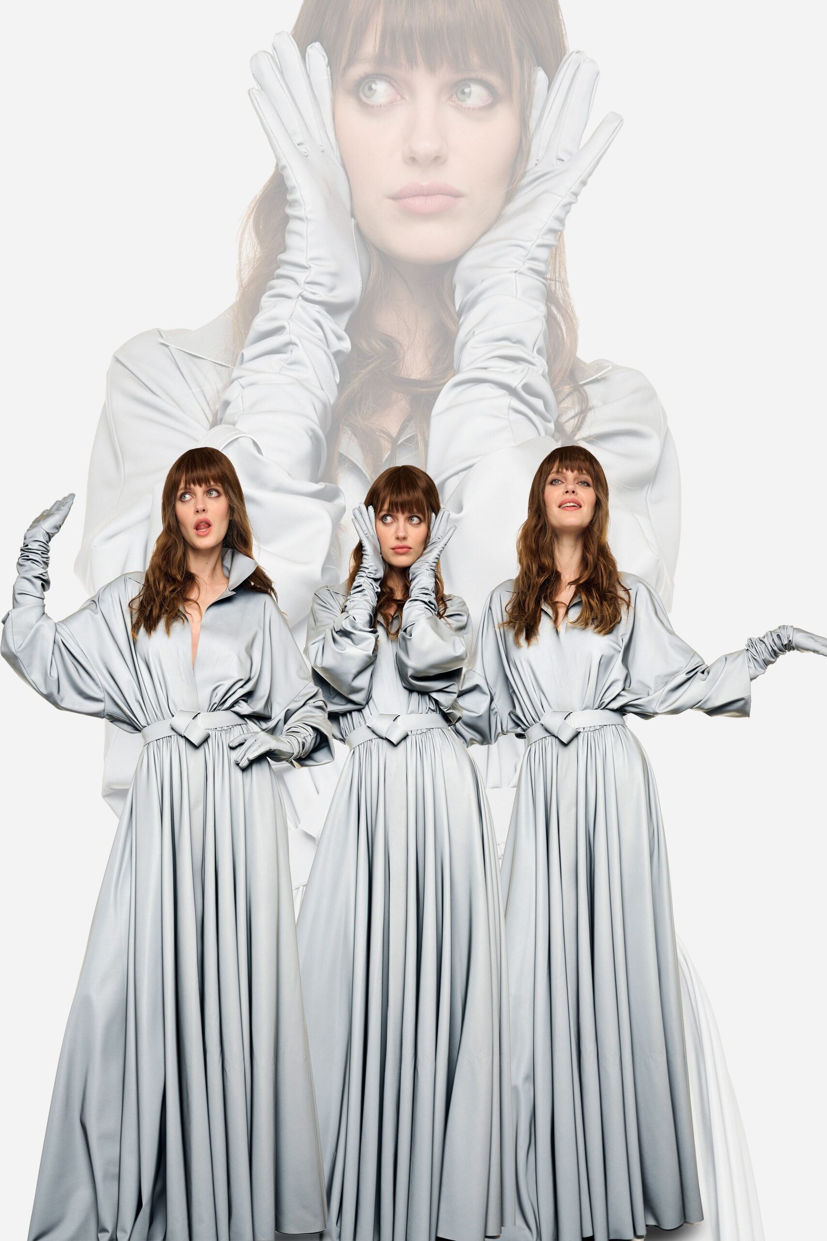 silver satin gown with gloves