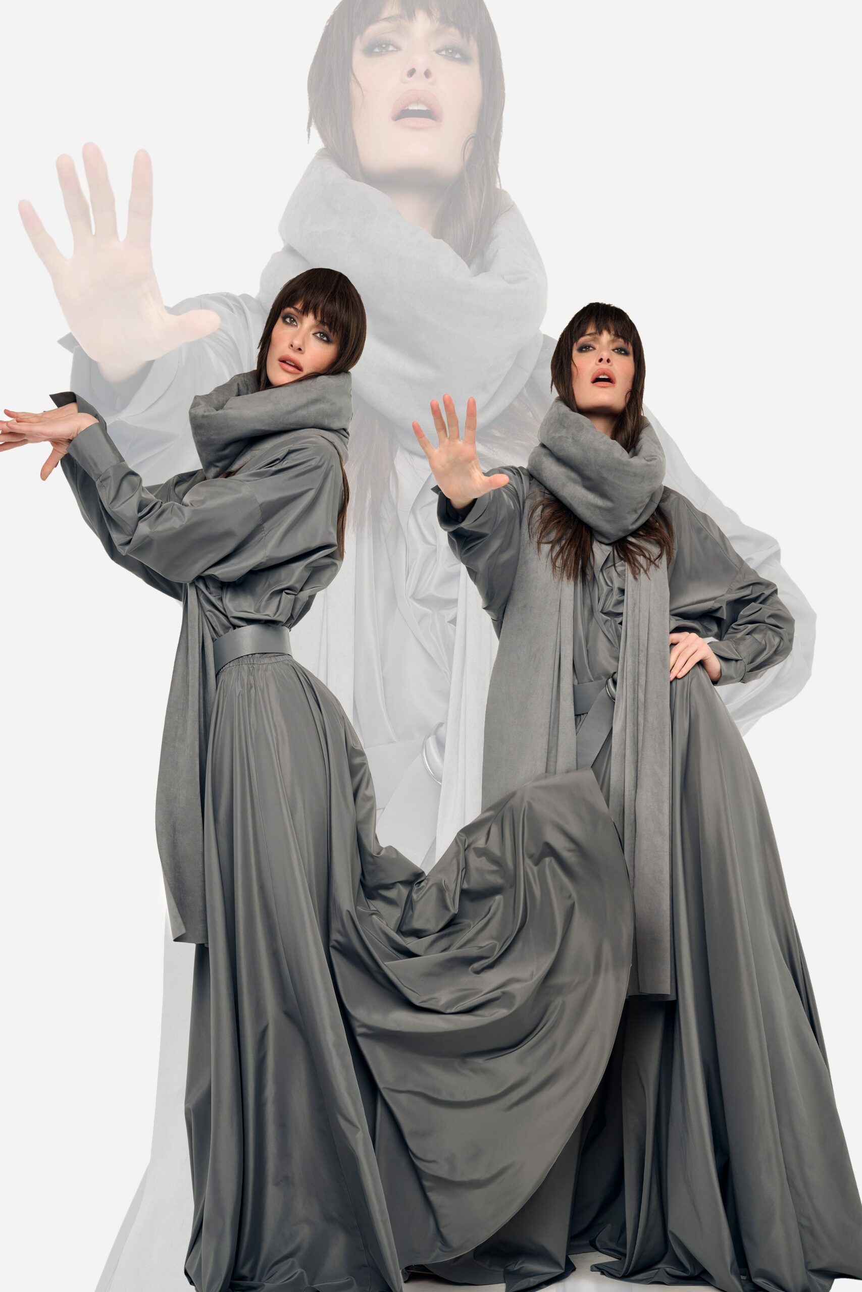 gray silk gown with scarf