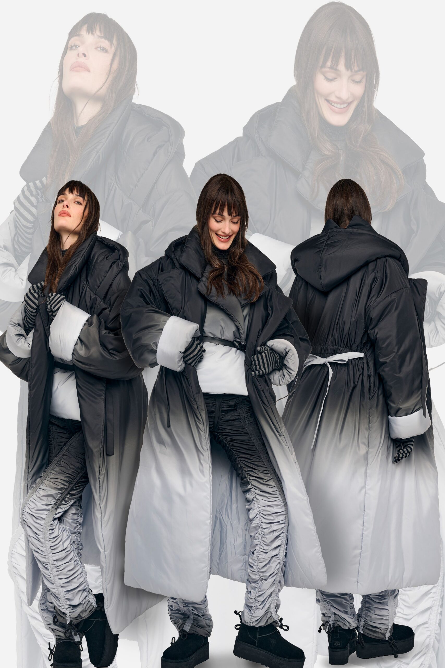 black jersey long-sleeve hooded relaxed zippered layered coat