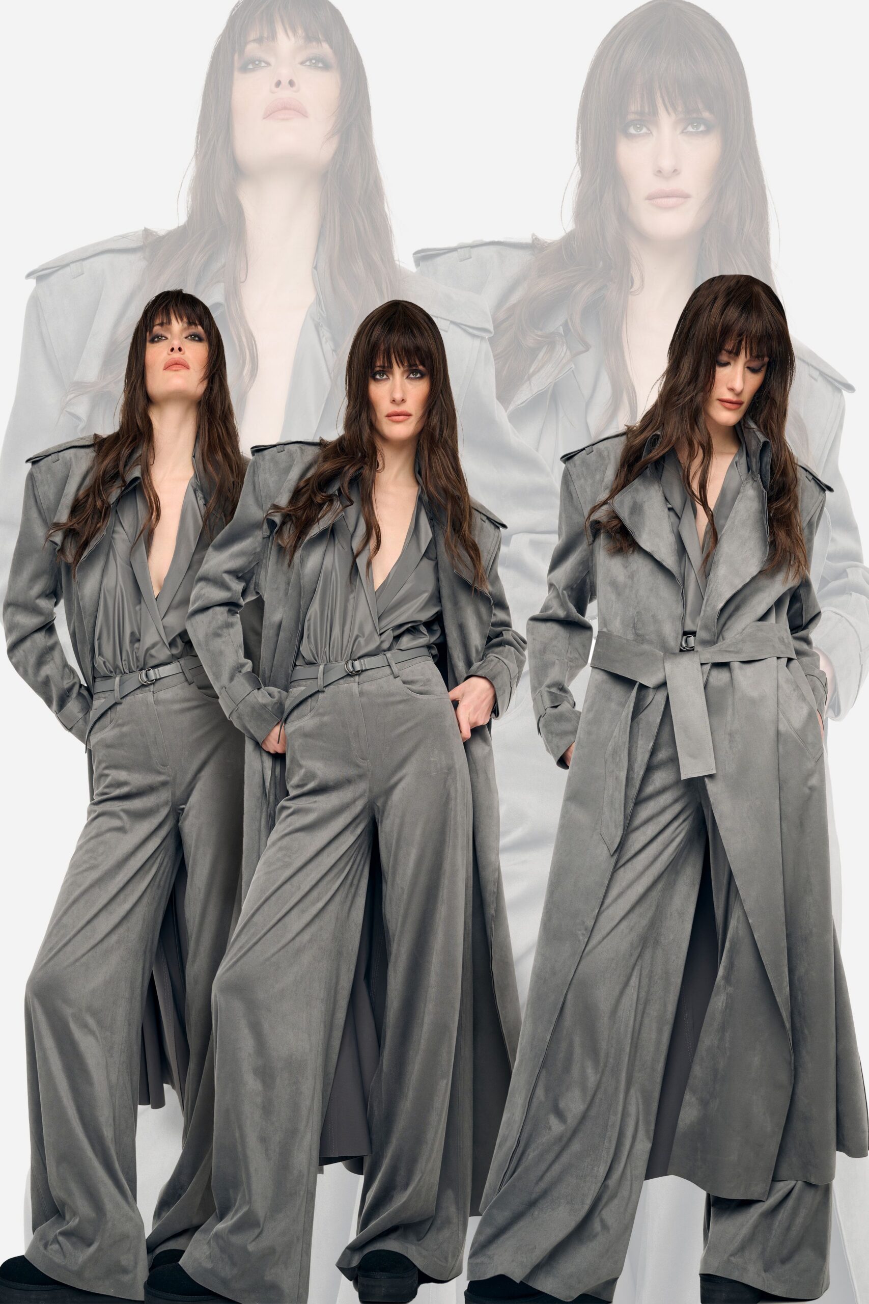 gray suede trench and jumpsuit