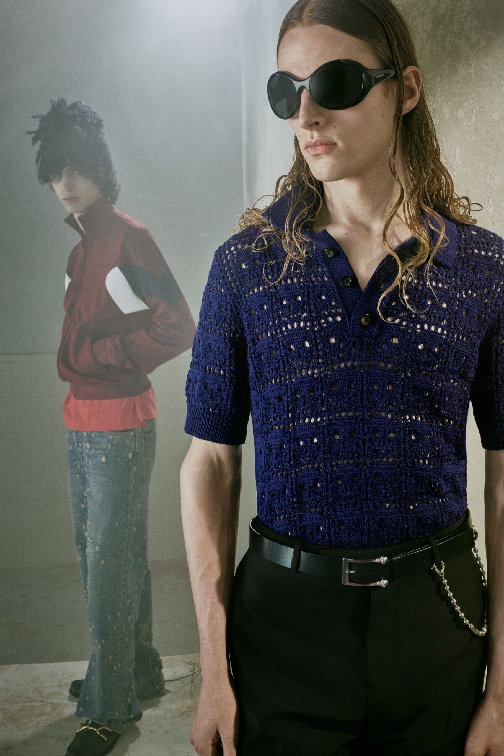 blue cotton short-sleeve collared fitted textured top