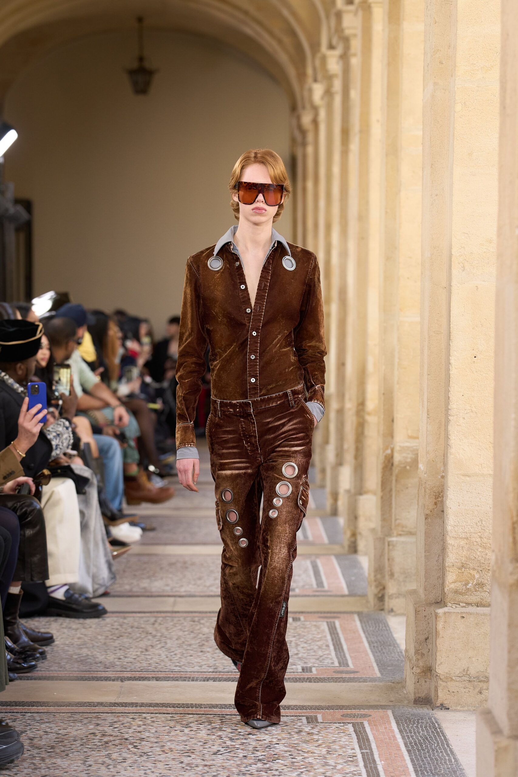 brown velvet long-sleeve collared fitted buttoned shirt