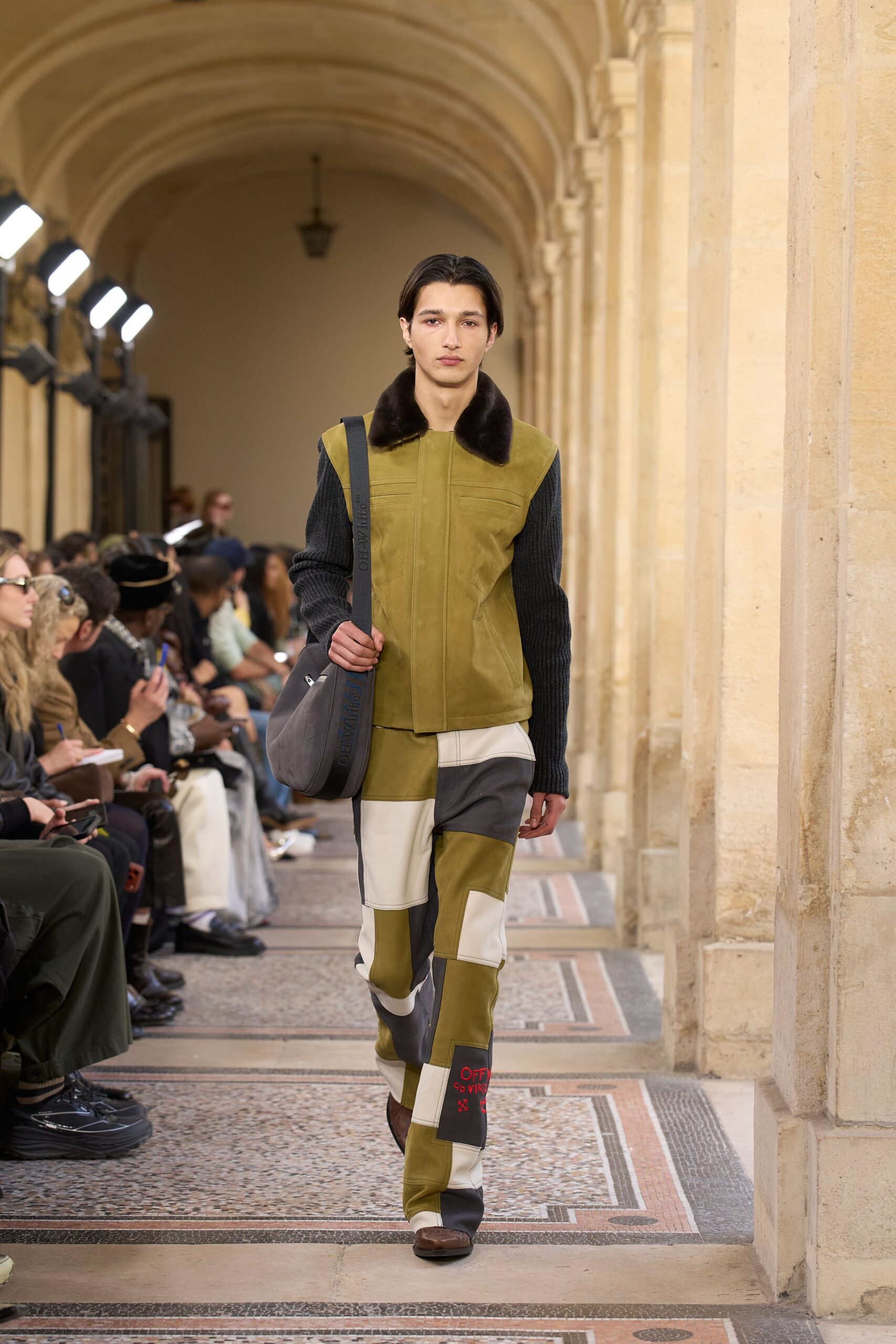 green cotton long-sleeve collared fitted zippered vest