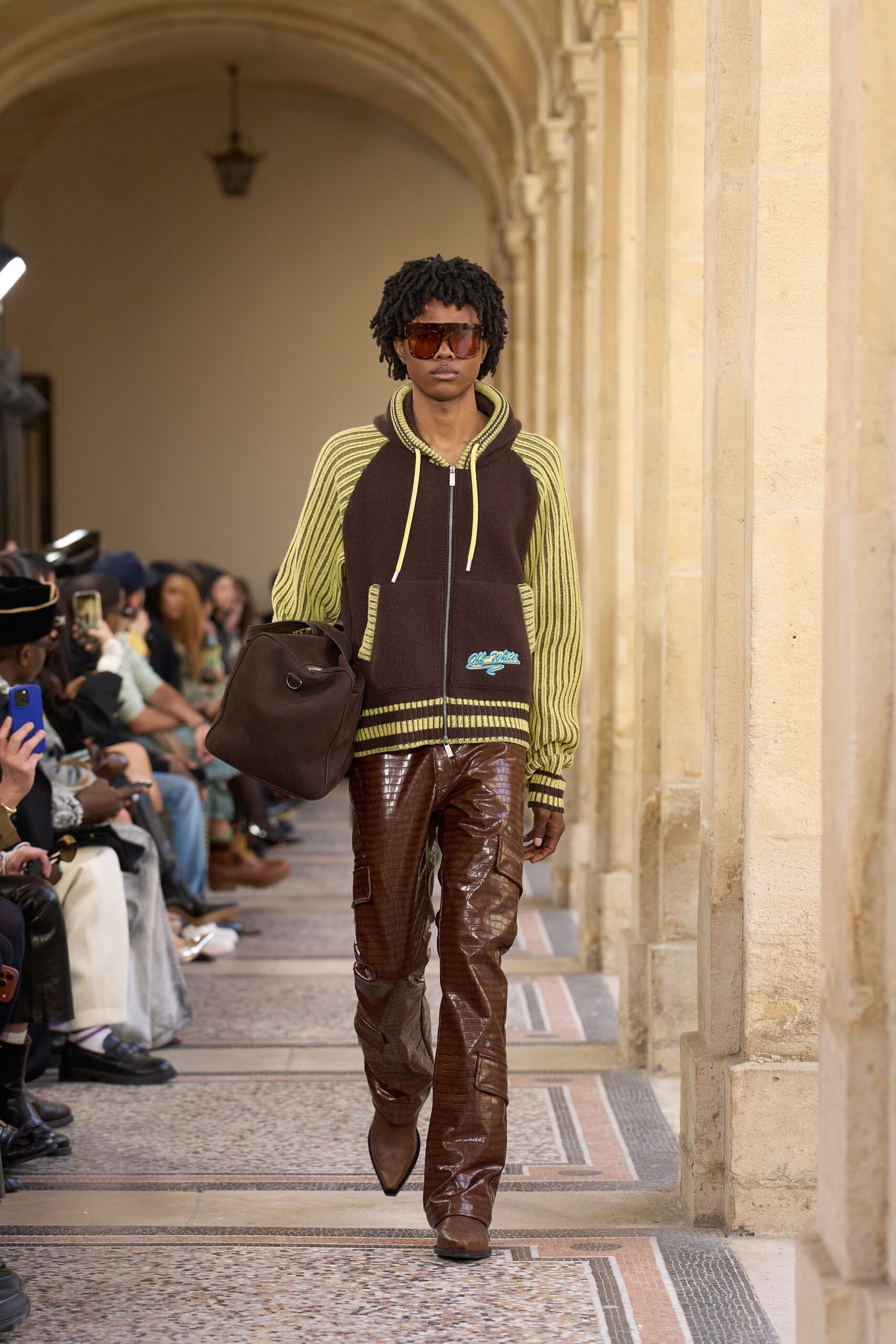 brown vinyl fitted straight-leg shiny pants