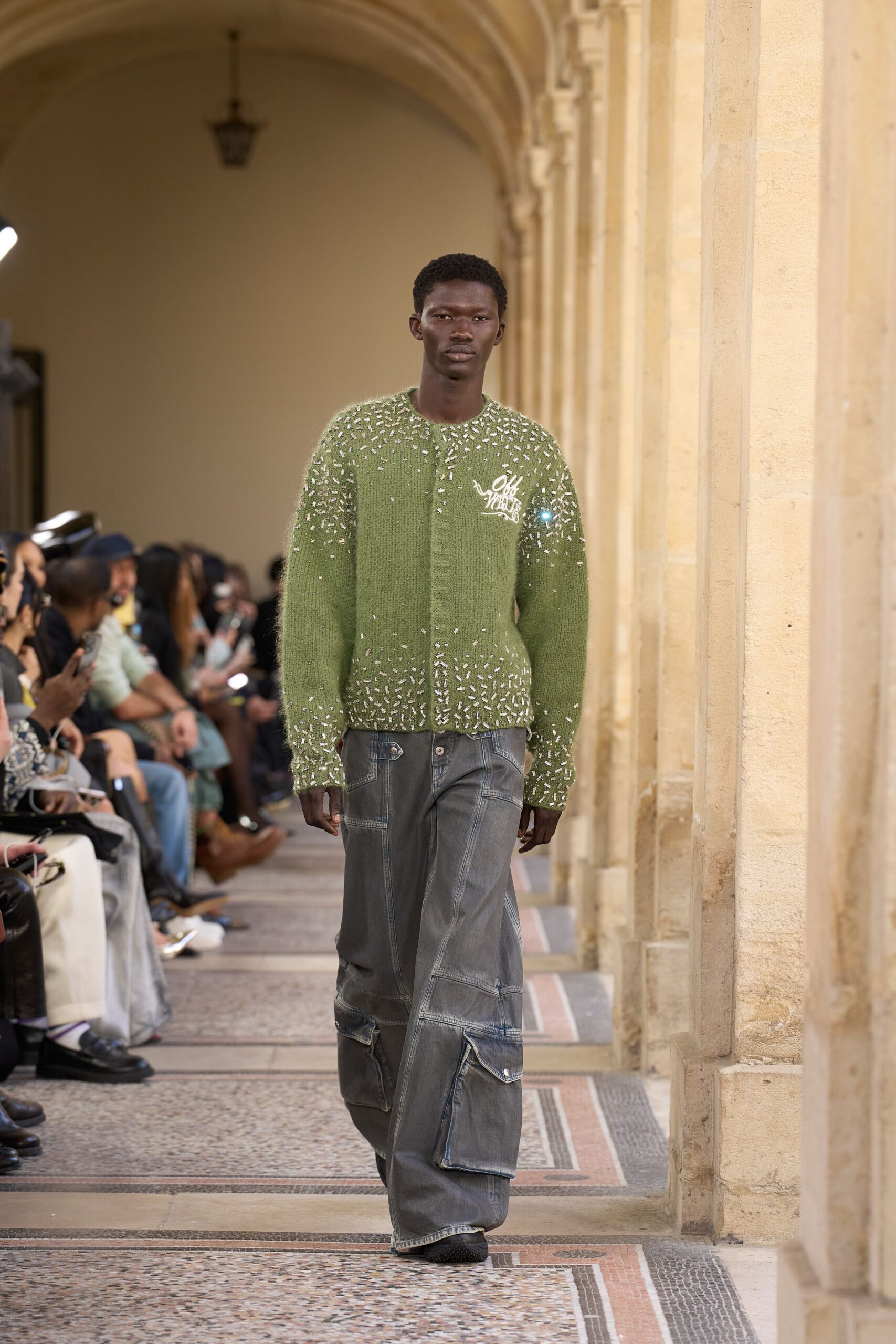 green knit long-sleeve collared relaxed embroidered cardigan