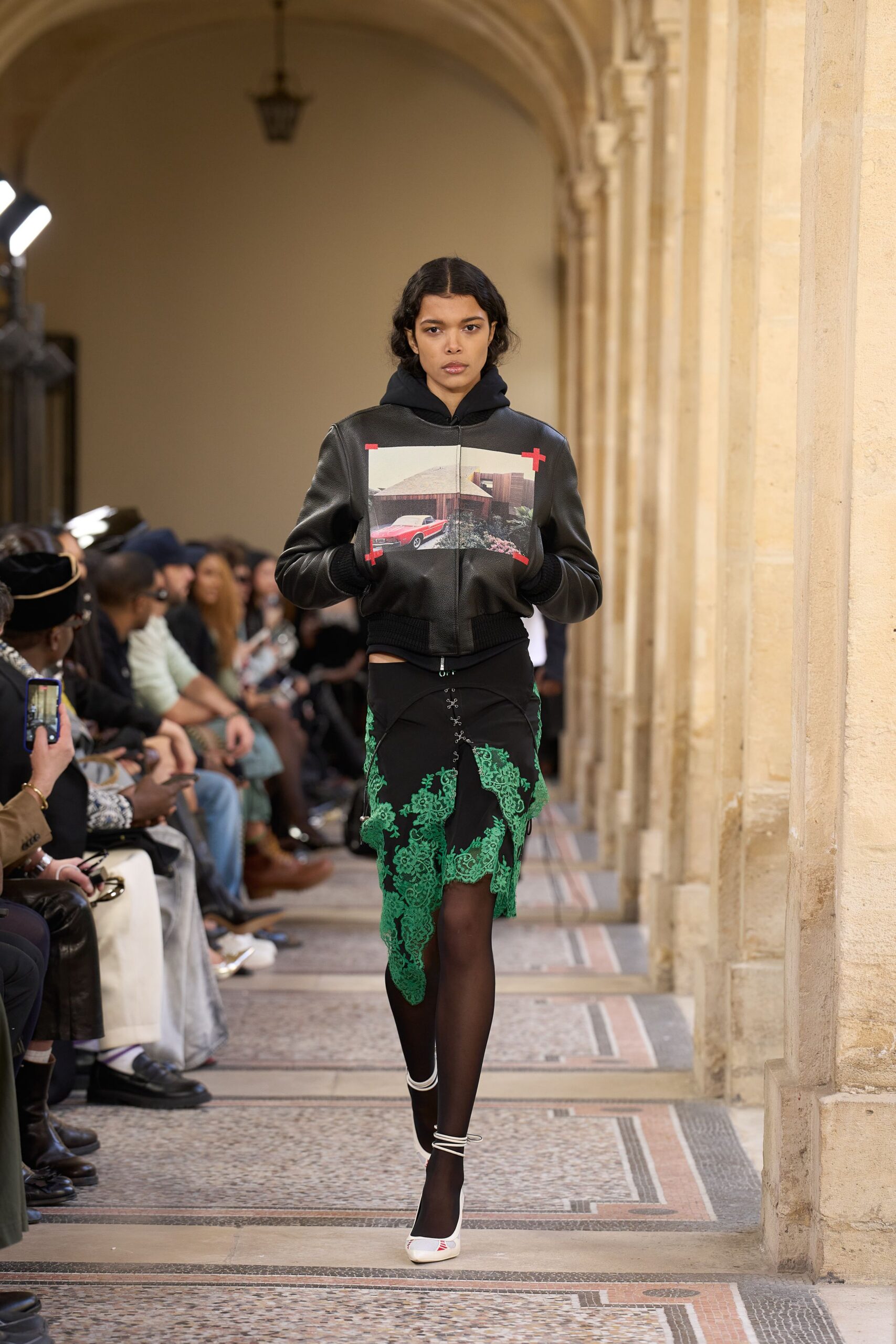 black leather jacket with tiered skirt