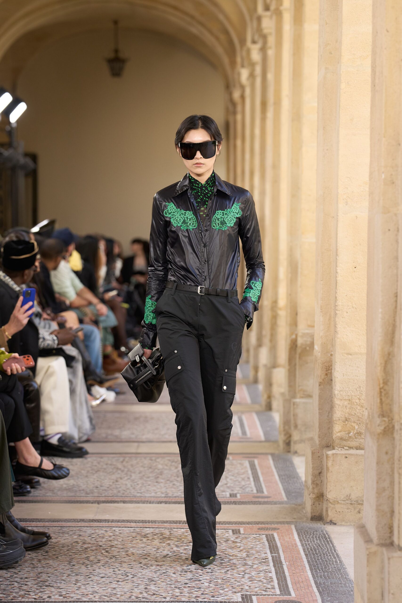 black leather long-sleeve collared fitted embroidered shirt