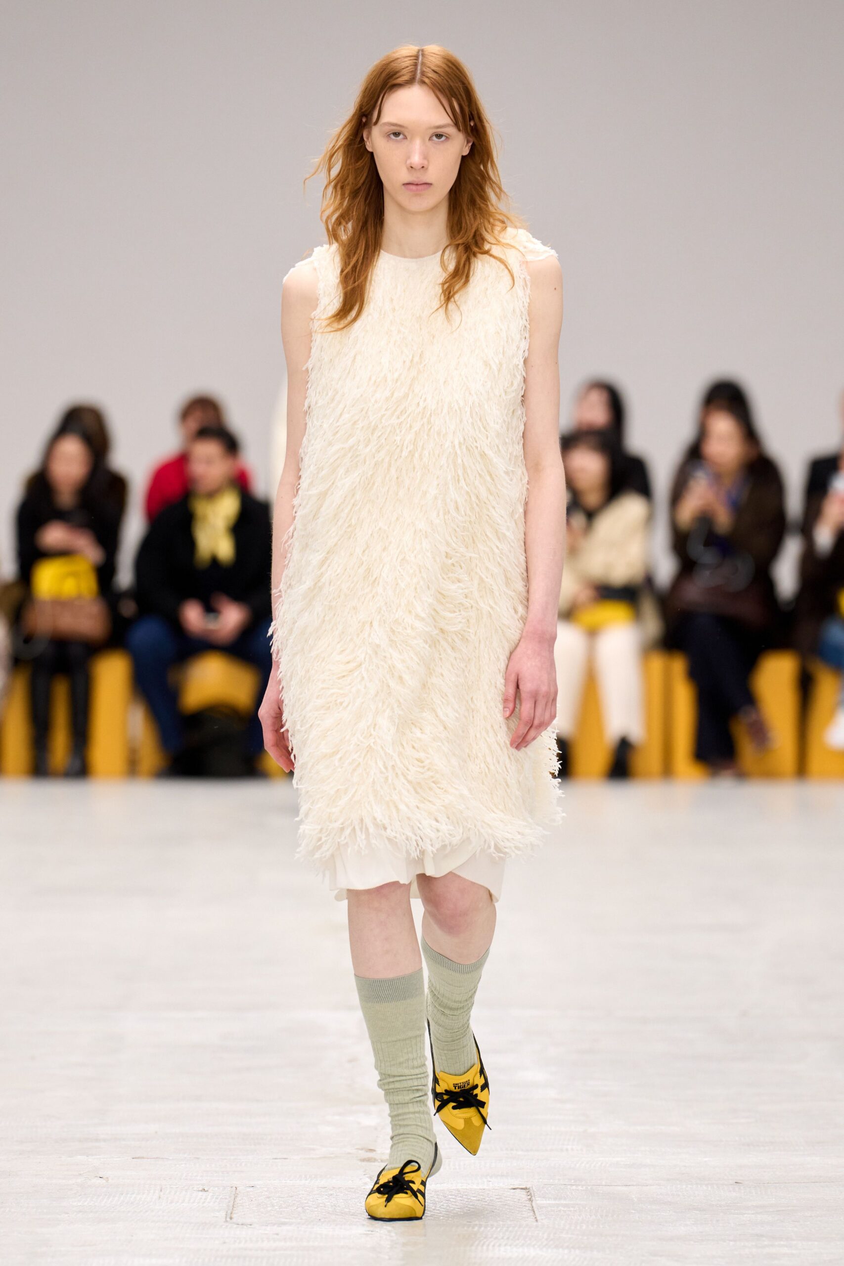 white fur sleeveless high-neck relaxed layered mini dress