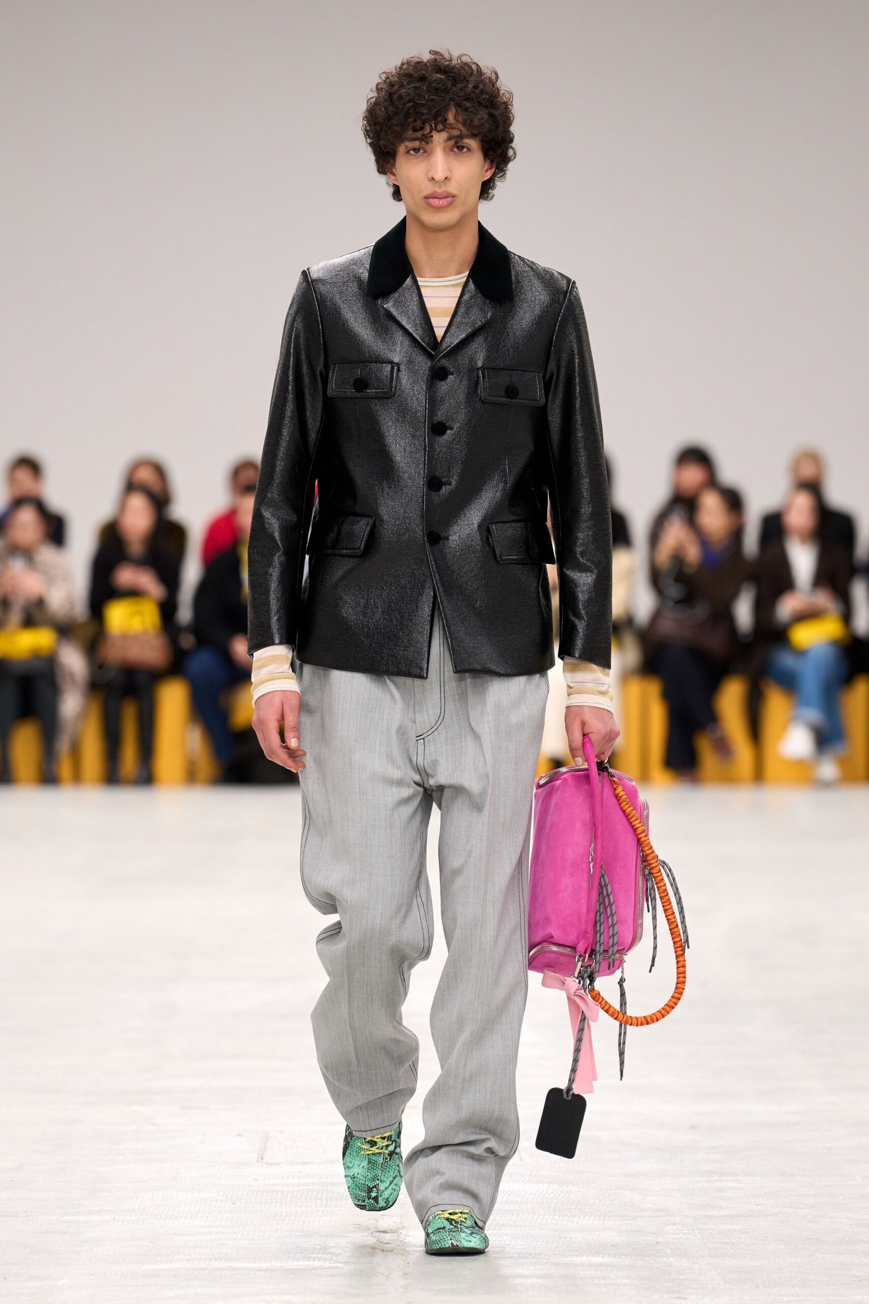 black leather long-sleeve collared structured buttoned jacket