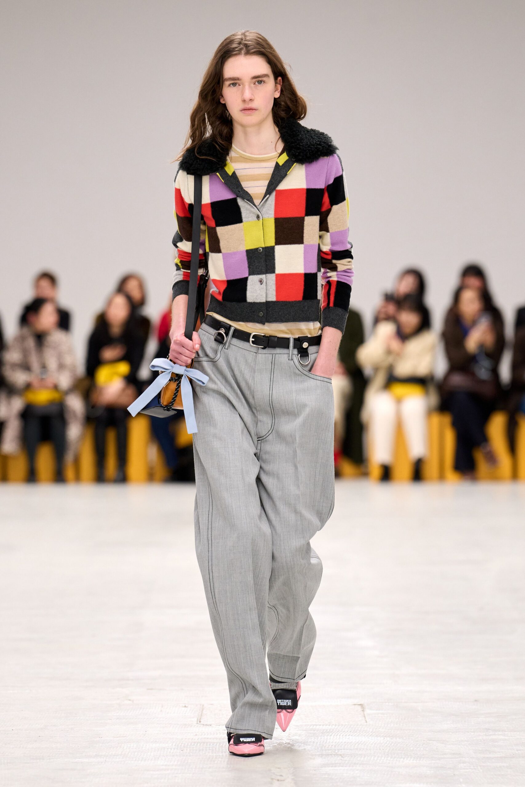 purple cotton long-sleeve collared relaxed color-blocked sweater