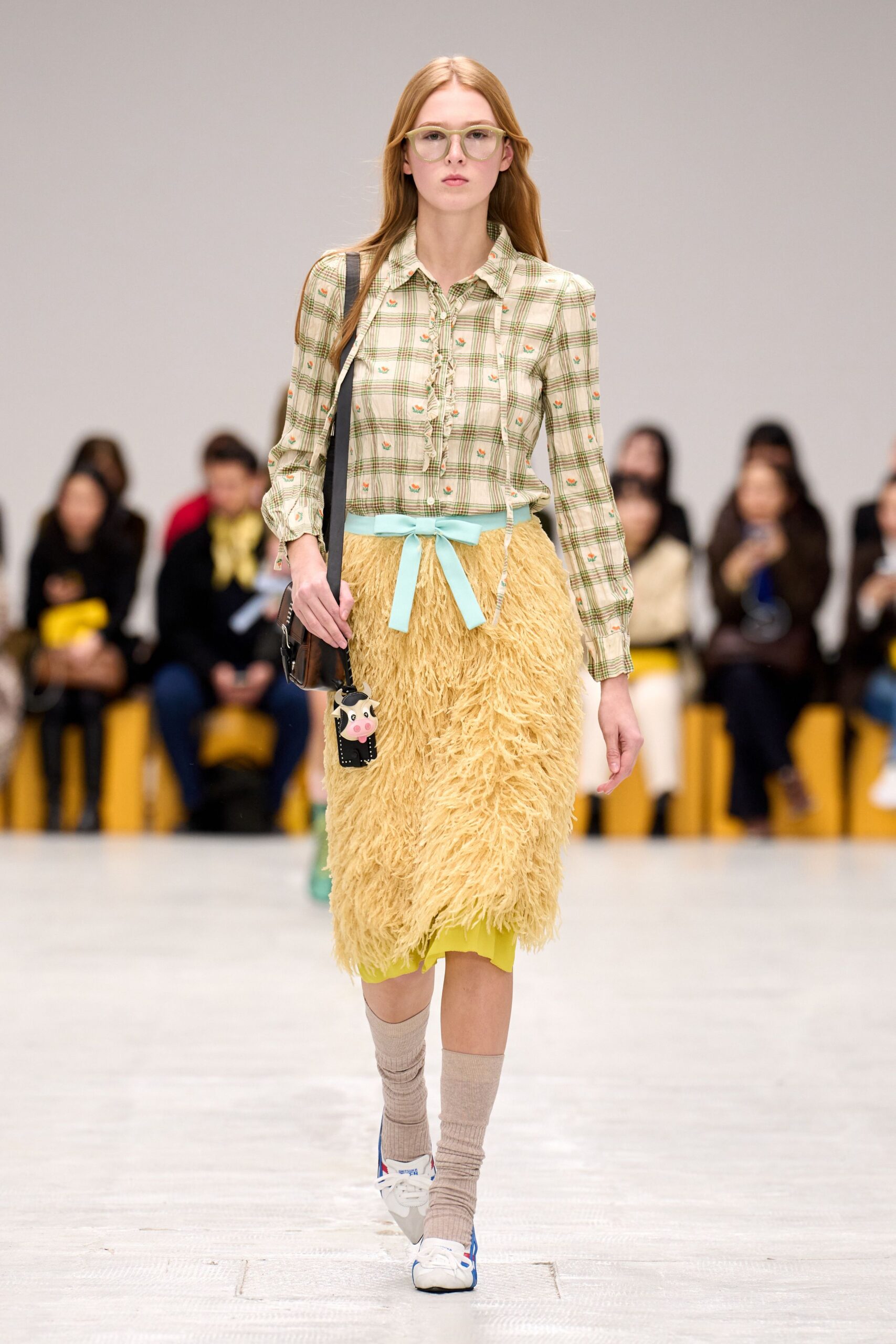 yellow faux-fur fitted tiered skirt