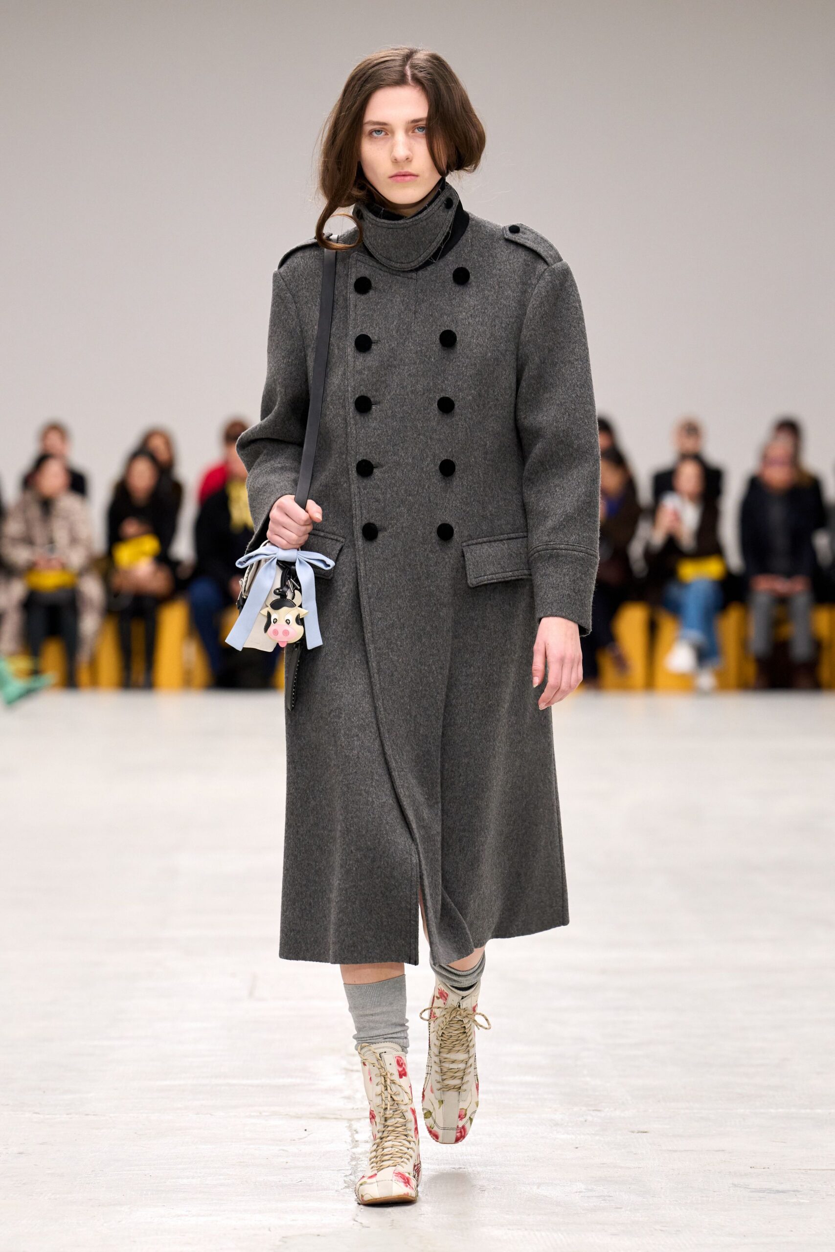 gray wool long-sleeve collared relaxed buttoned maxi coat