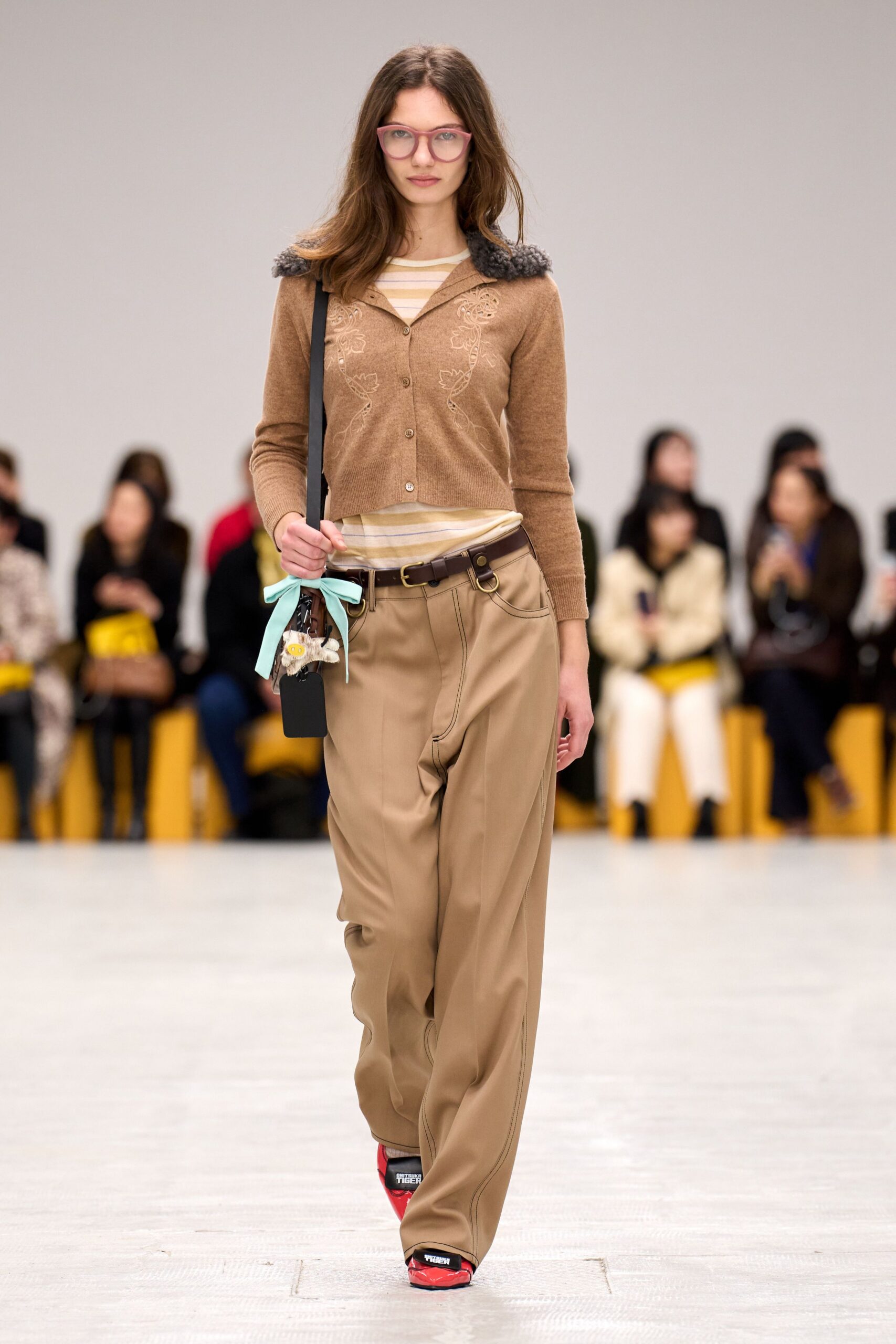 brown cotton long-sleeve collared relaxed embroidered cardigan