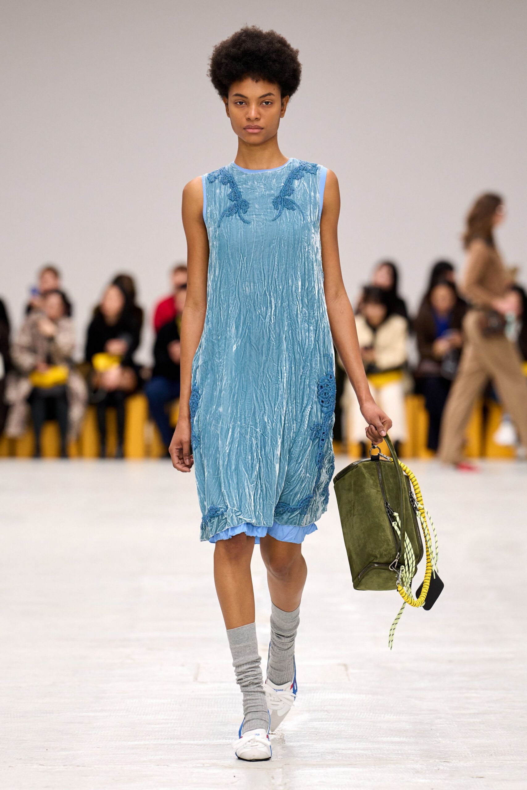 blue silk sleeveless collared relaxed pleated flowing dress