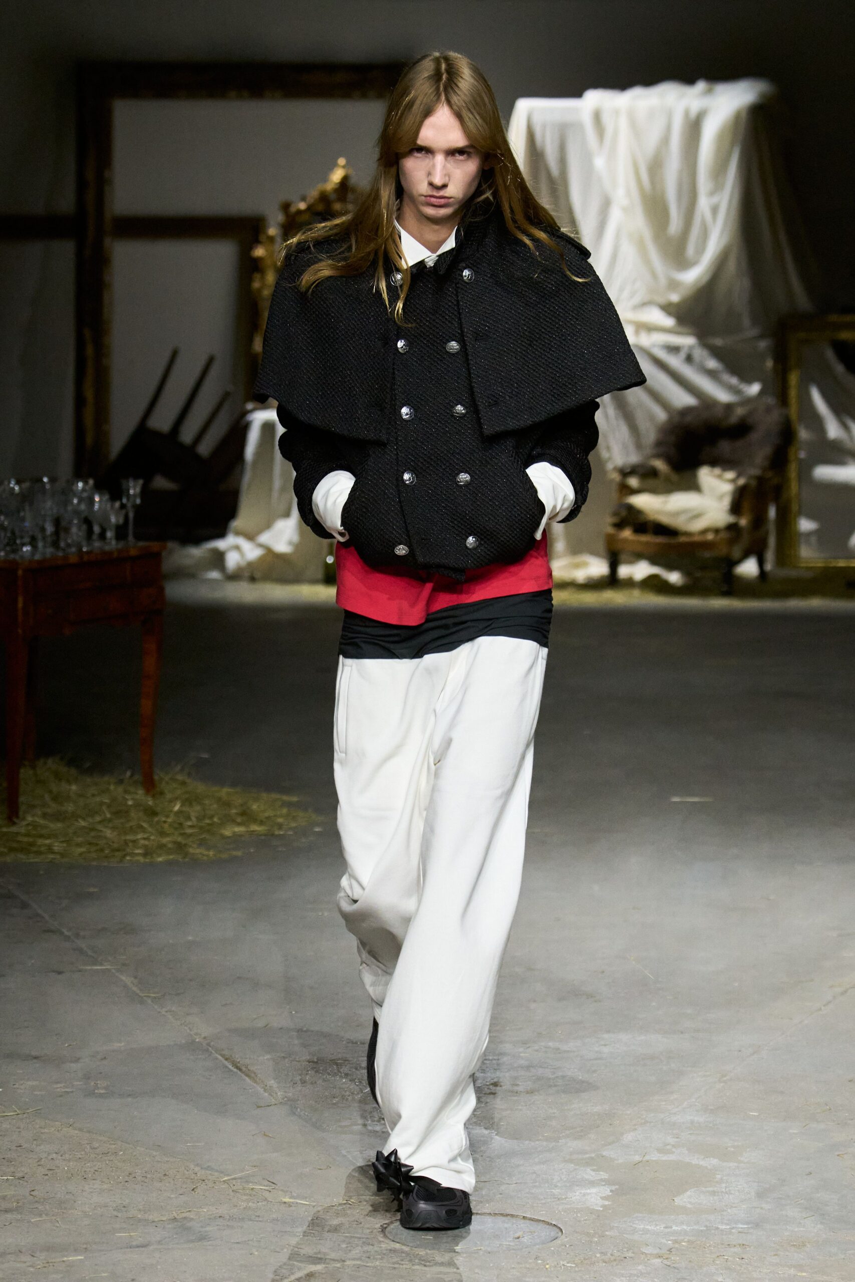red cotton long-sleeve collared relaxed shirt