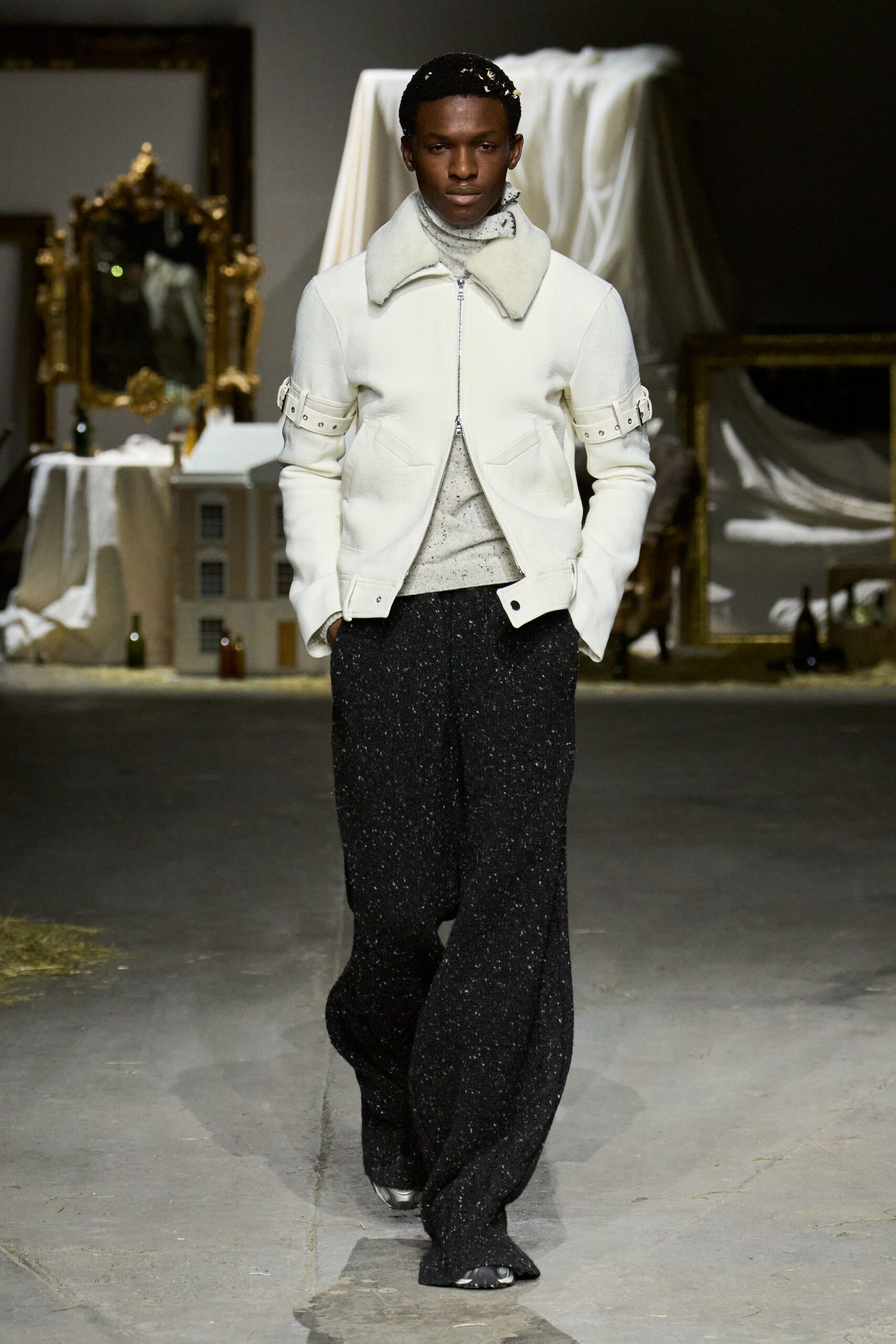 white leather long-sleeve collared fitted jacket