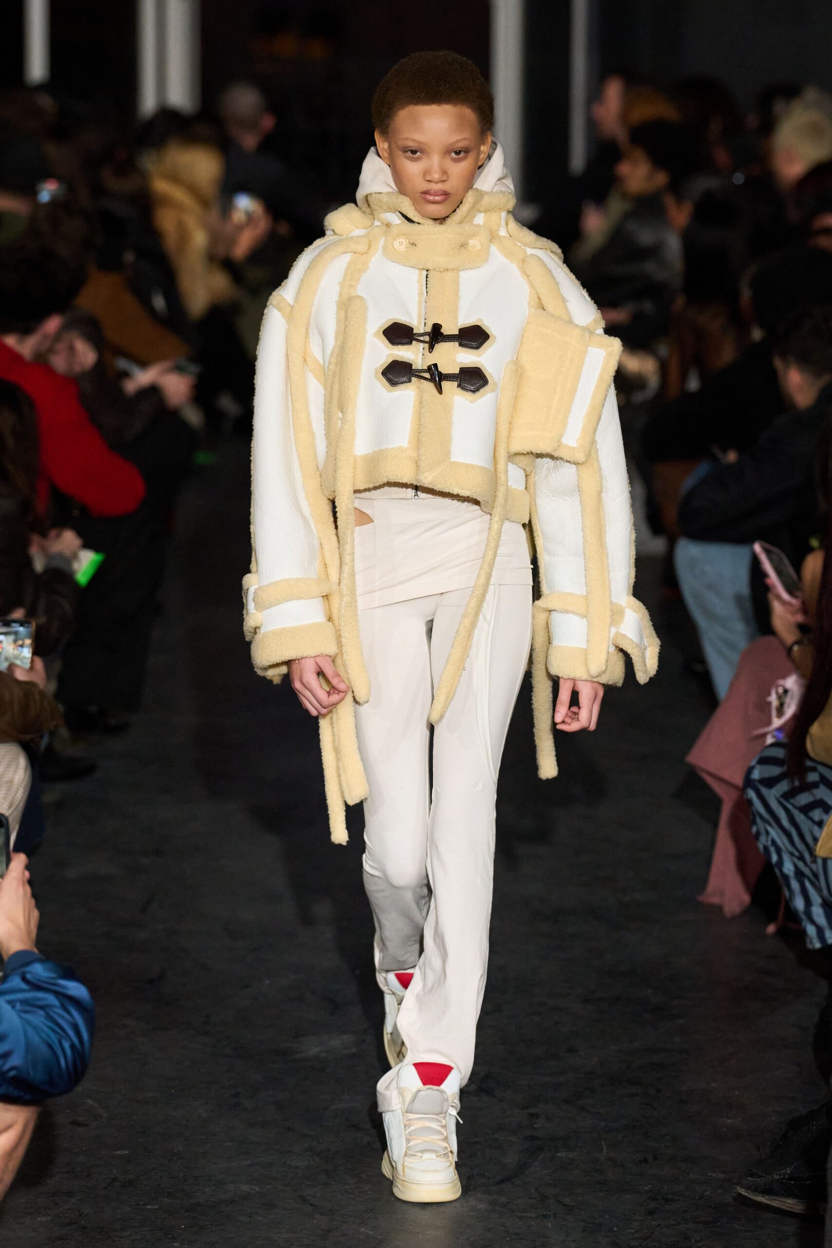 white wool long-sleeve collared fitted zippered layered jacket