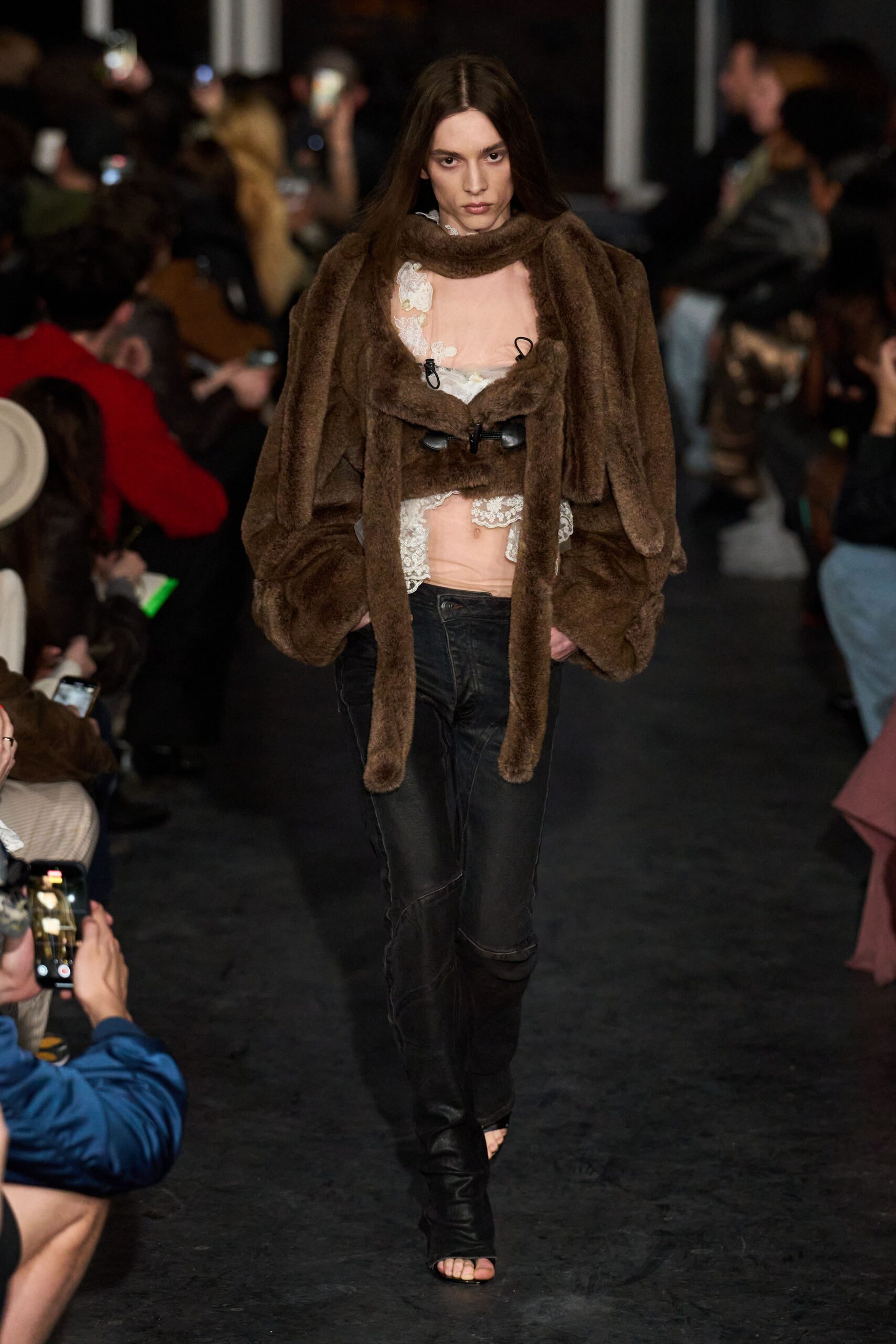 brown faux-fur coat with lace top