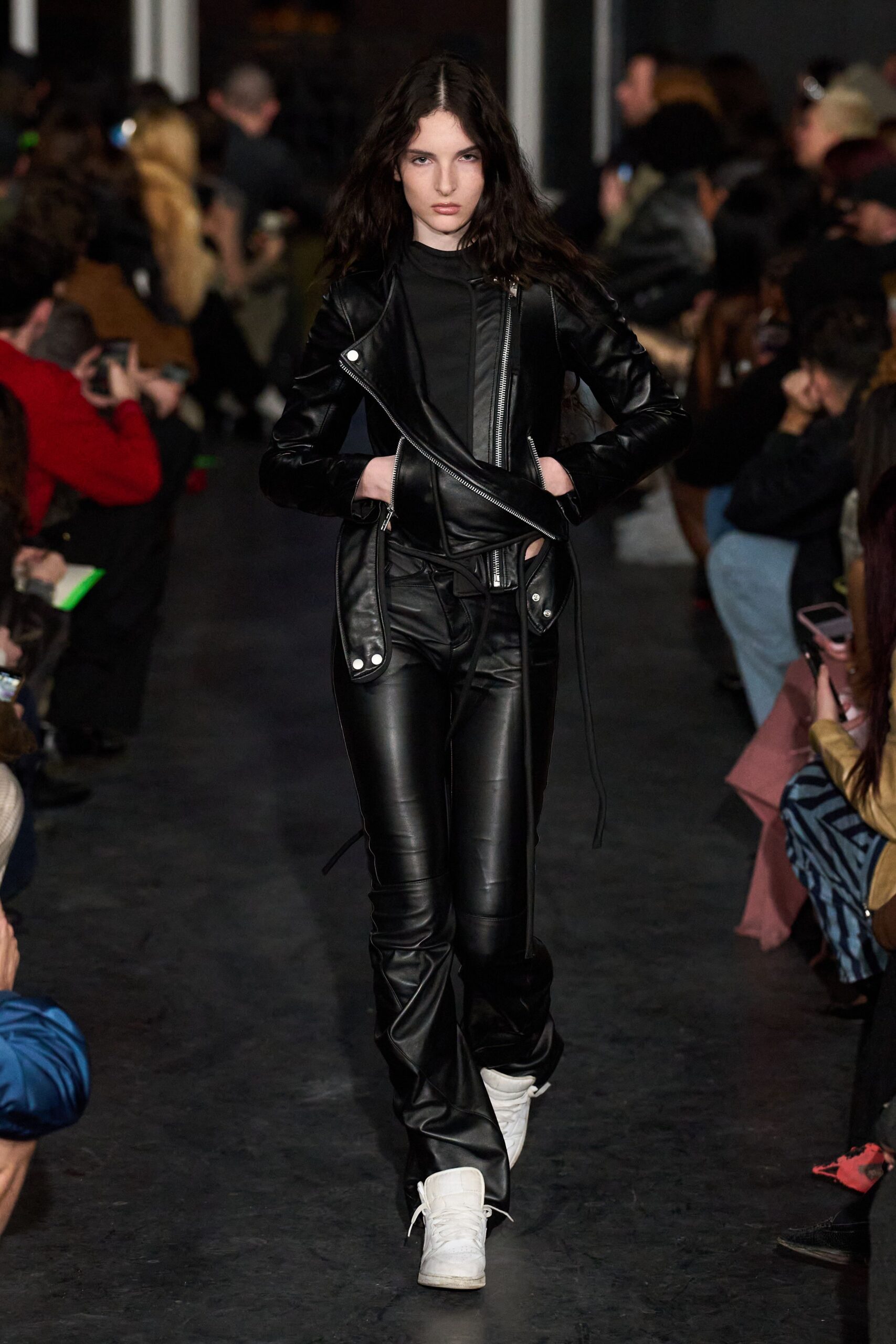 black leather outfit with white shoes