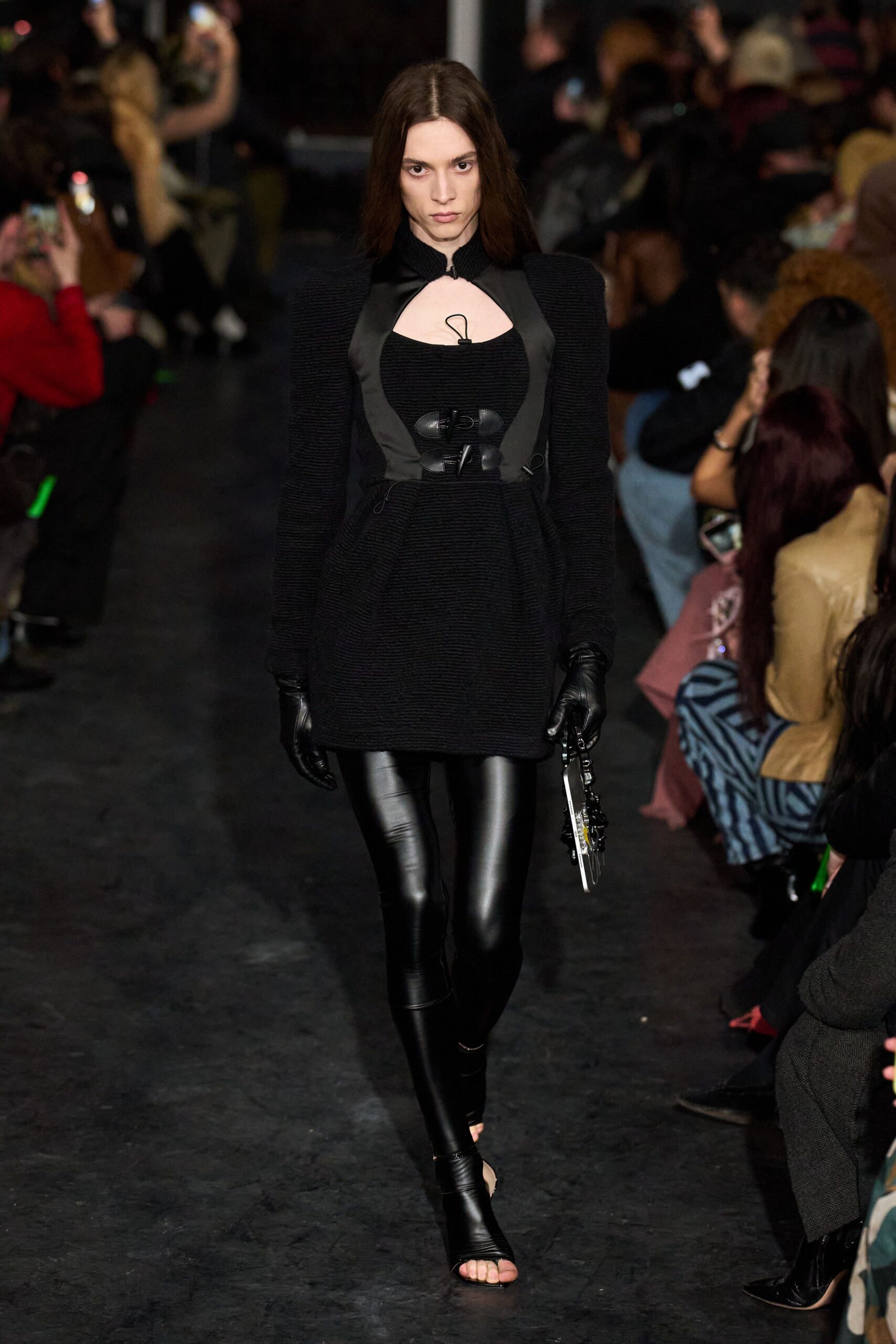 black wool long-sleeve v-neck fitted layered mini dress
