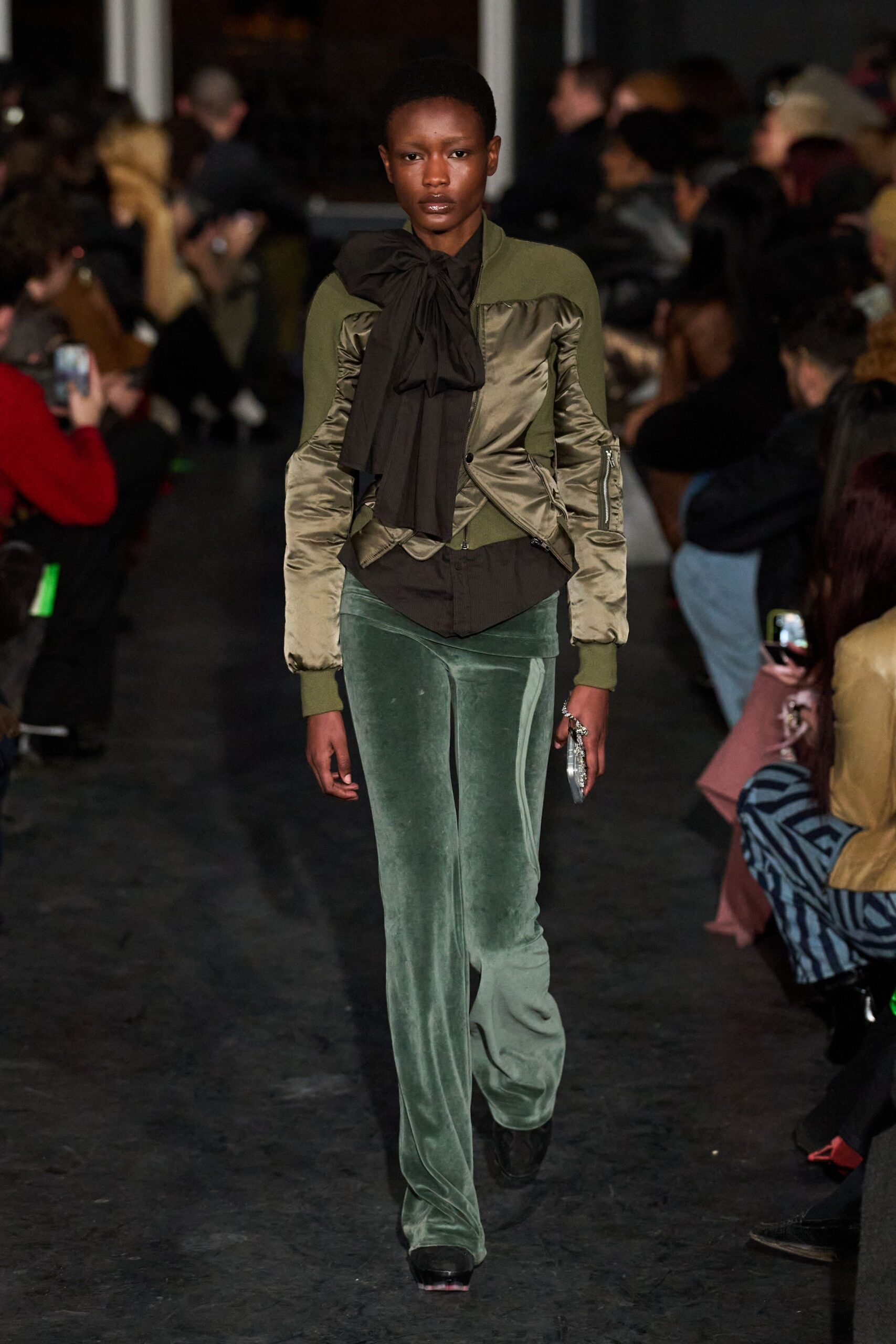 green silk long-sleeve v-neck fitted ruffled top