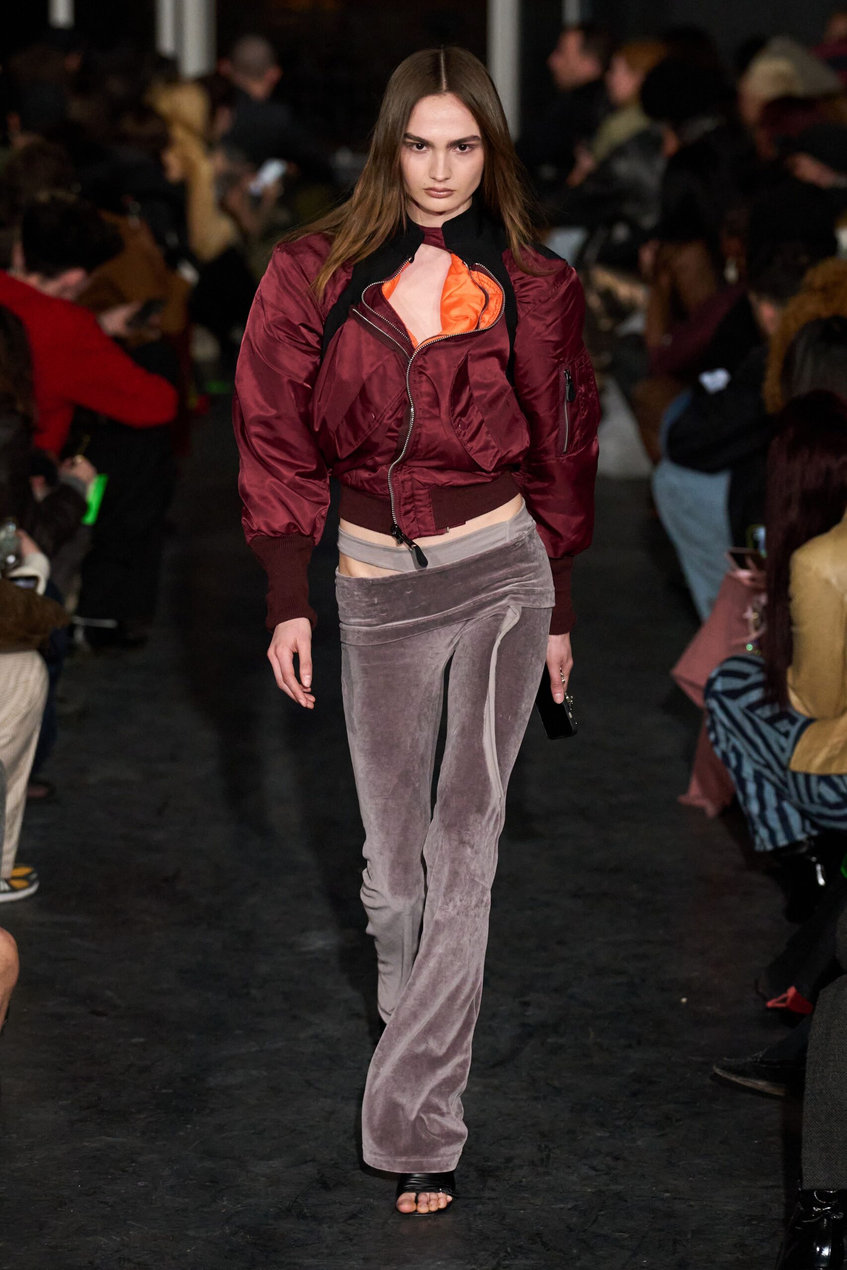 red silk long-sleeve collared fitted zippered jacket