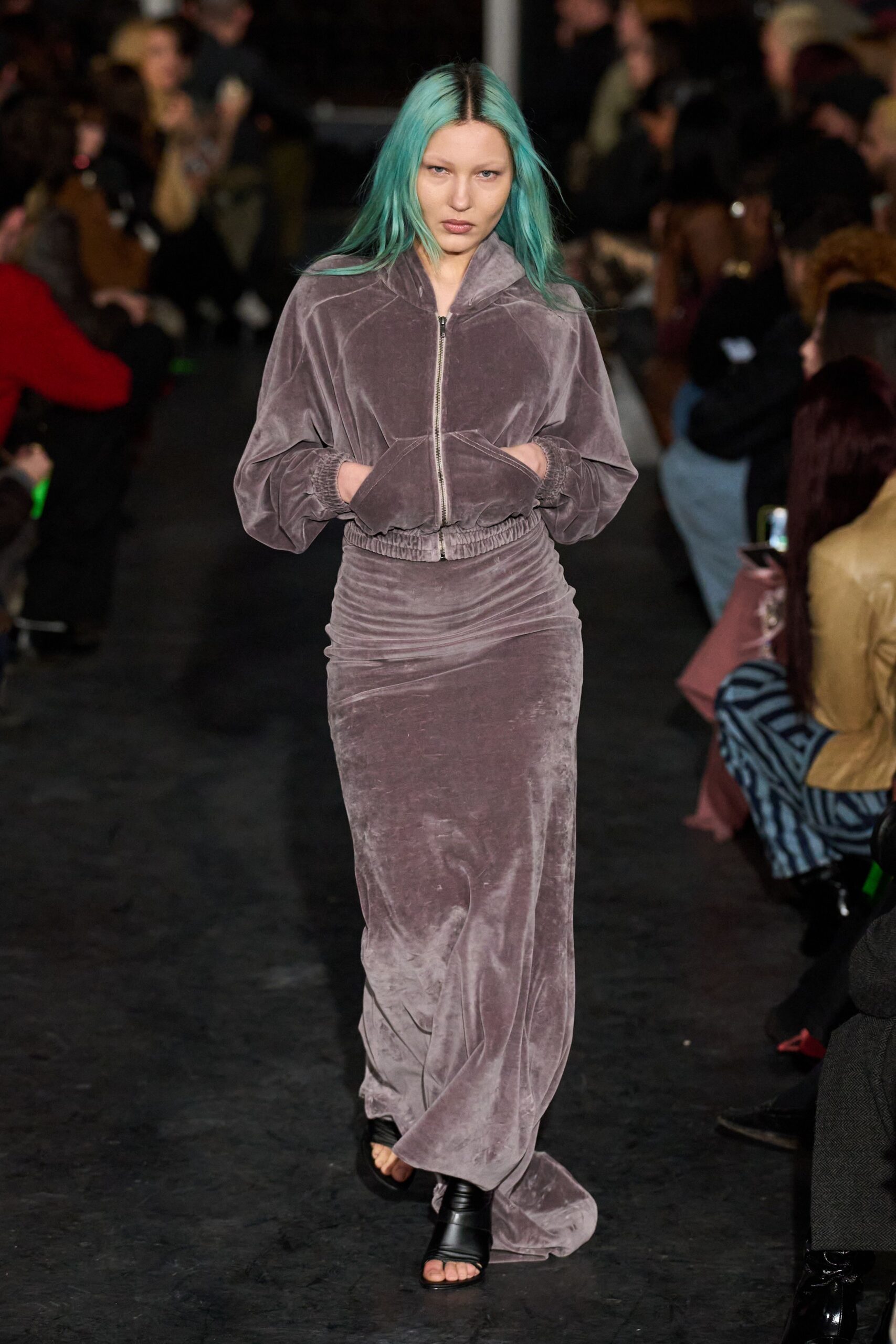 gray velvet long-sleeve high-neck fitted ruched shiny dress