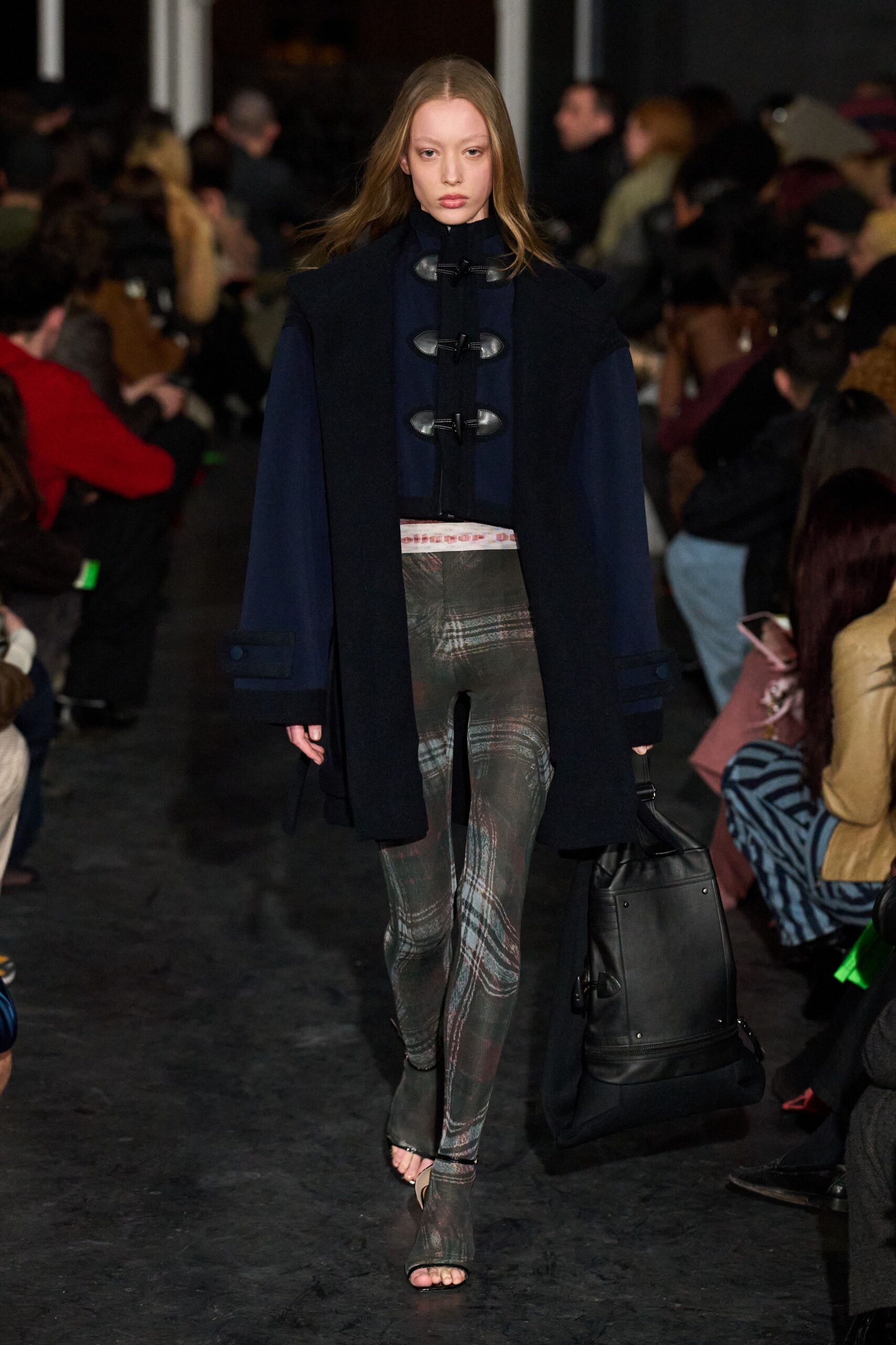 black wool coat with checked pants