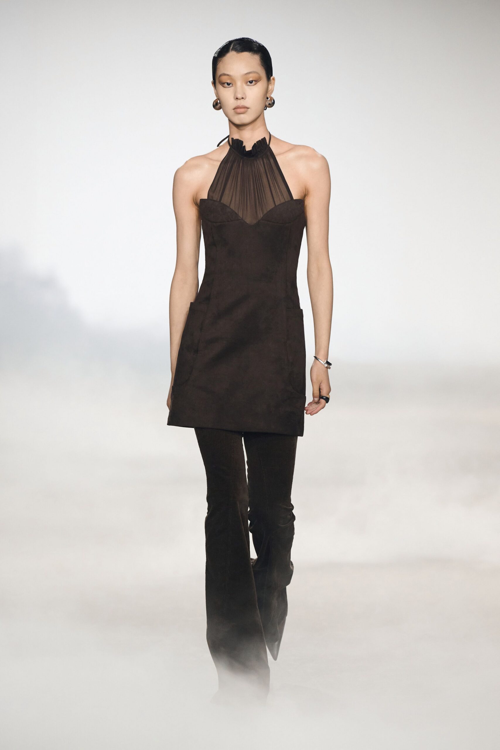 brown suede sleeveless halter fitted flared mini dress