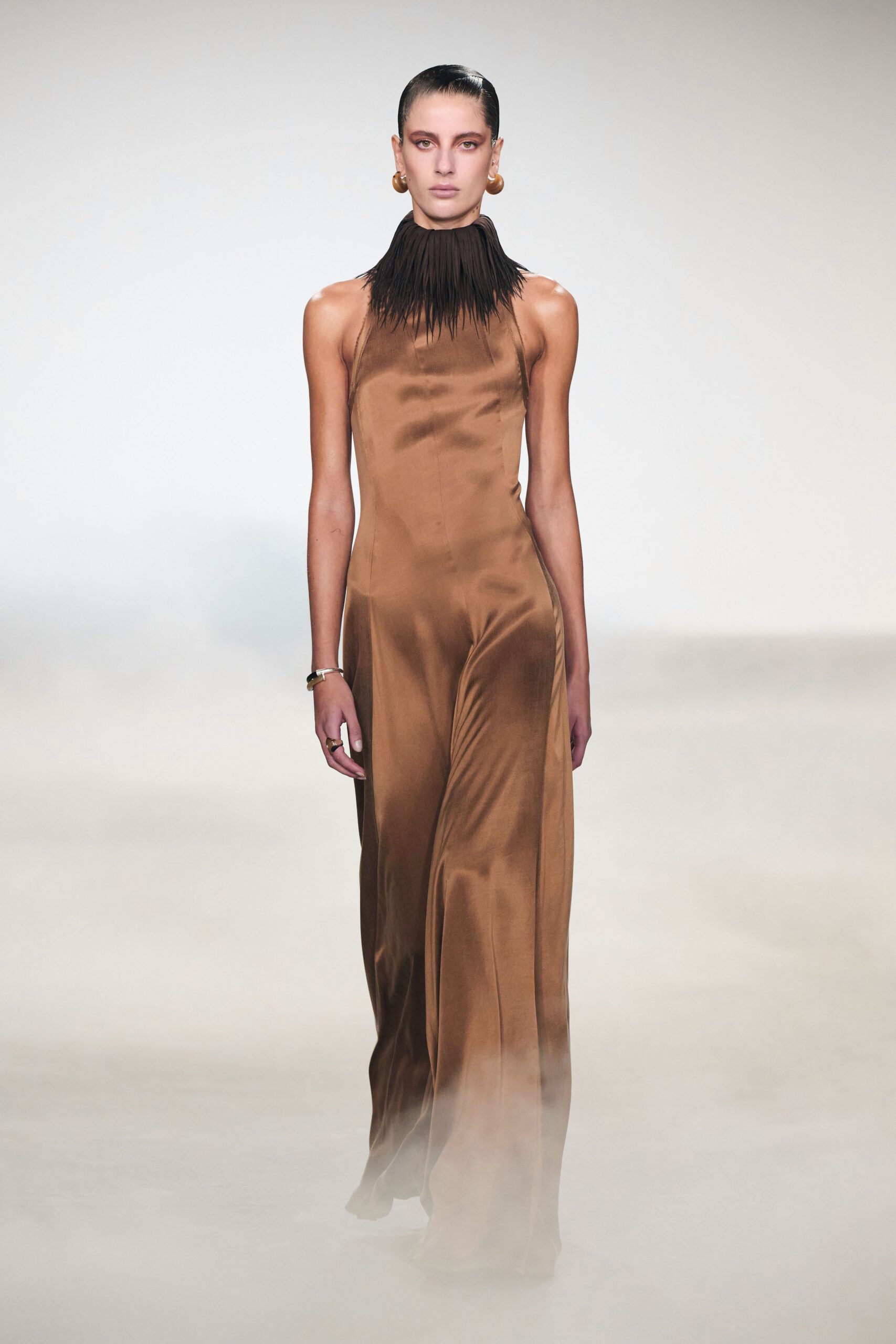 brown silk sleeveless gown
