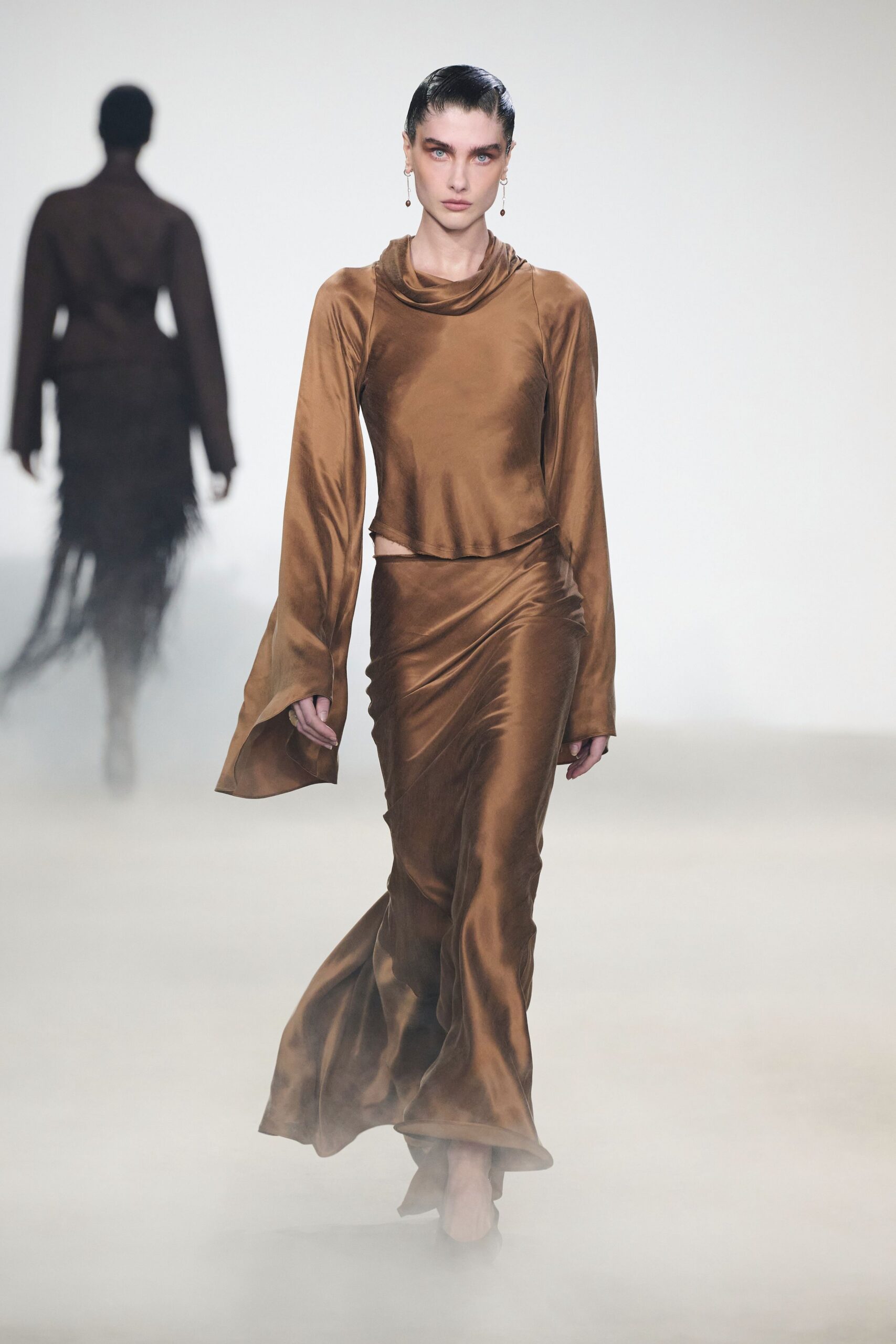 brown silk long-sleeve dress