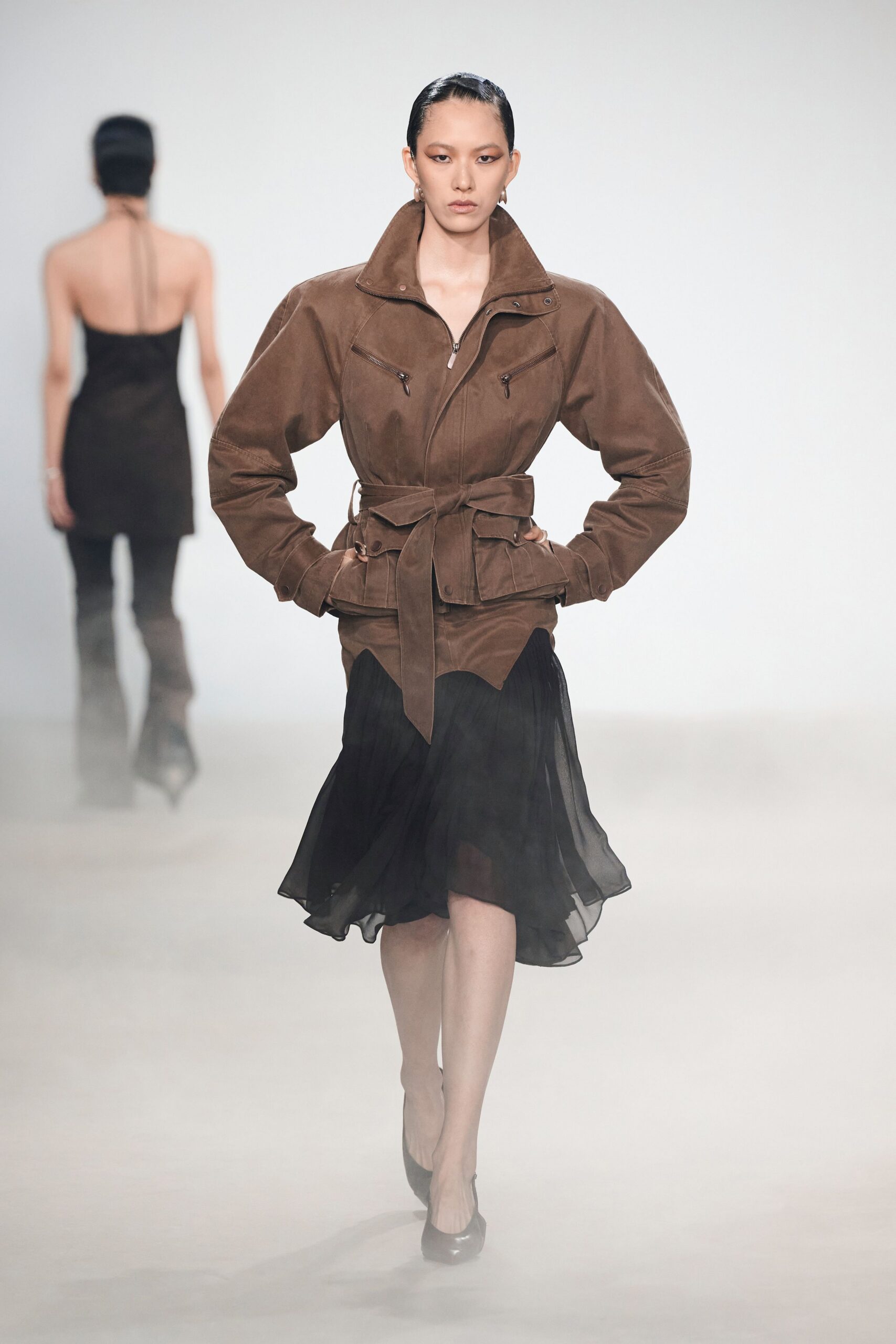 brown suede long-sleeve collared fitted belted jacket