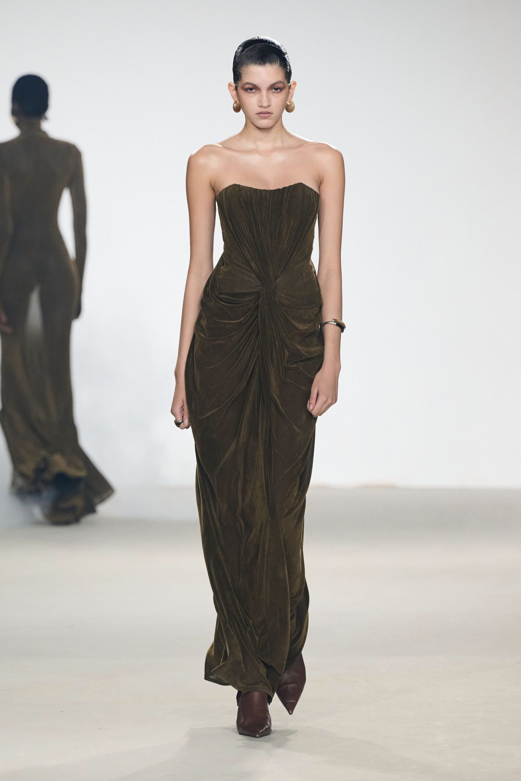 brown velvet strapless fitted ruched maxi gown