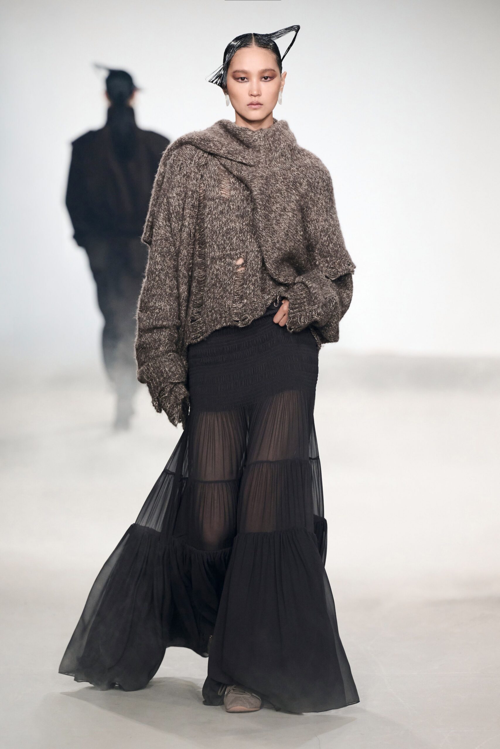 black chiffon fitted high-waisted tiered pleated sheer skirt