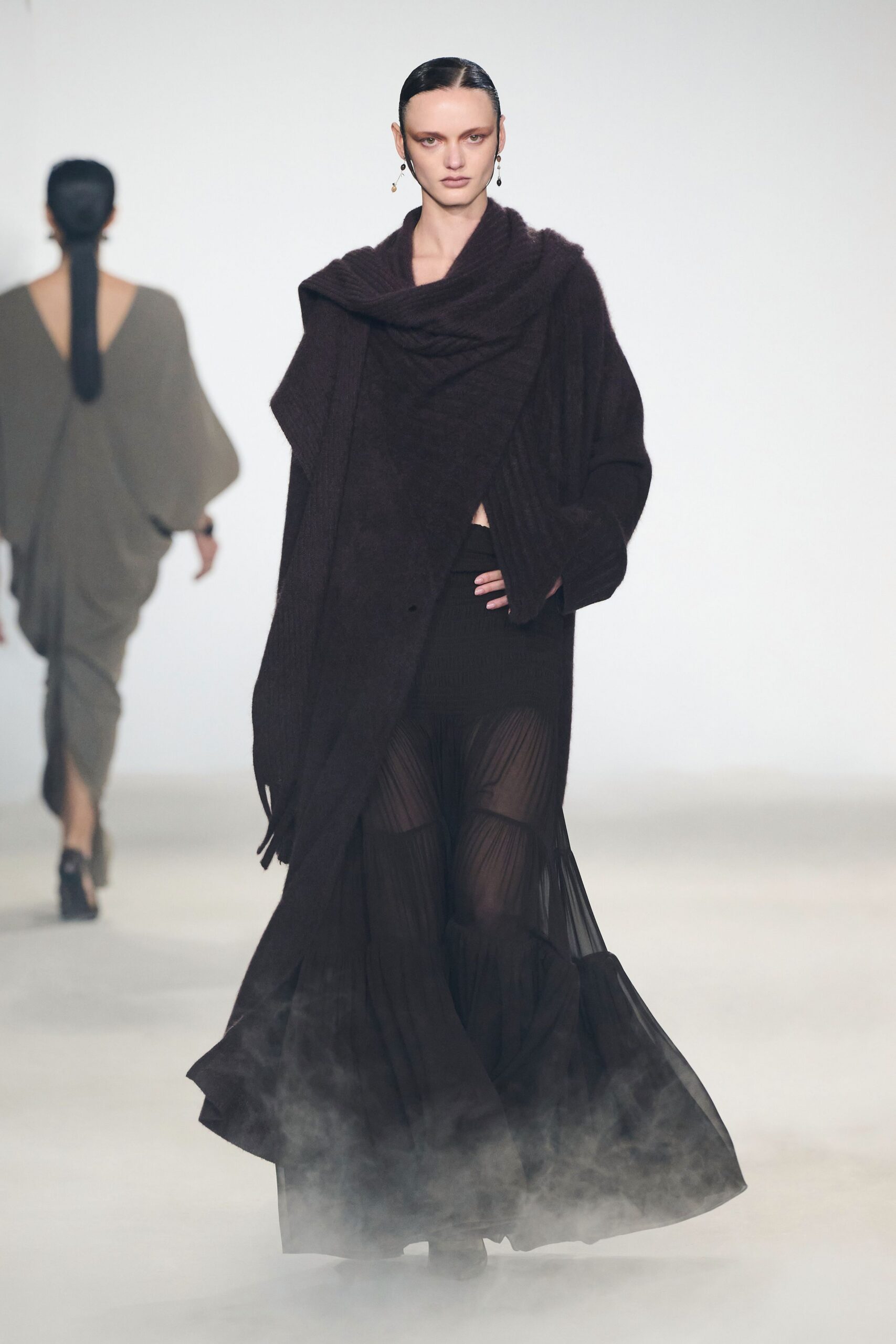 black wool long-sleeve collared oversized layered textured cardigan