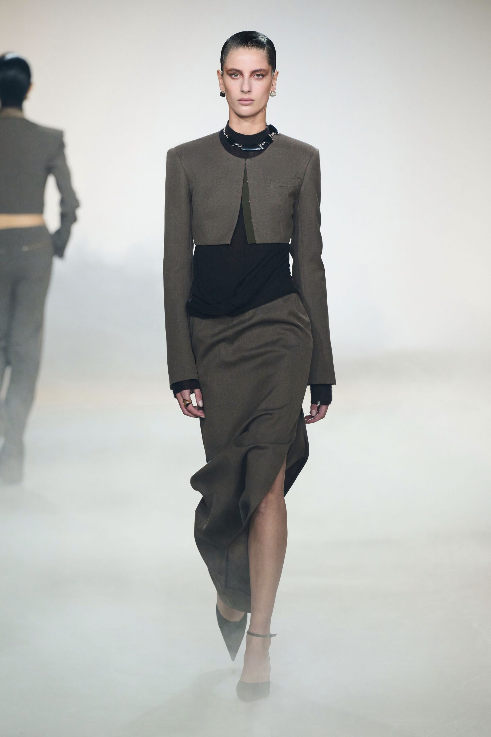 brown wool long-sleeve v-neck fitted midi dress
