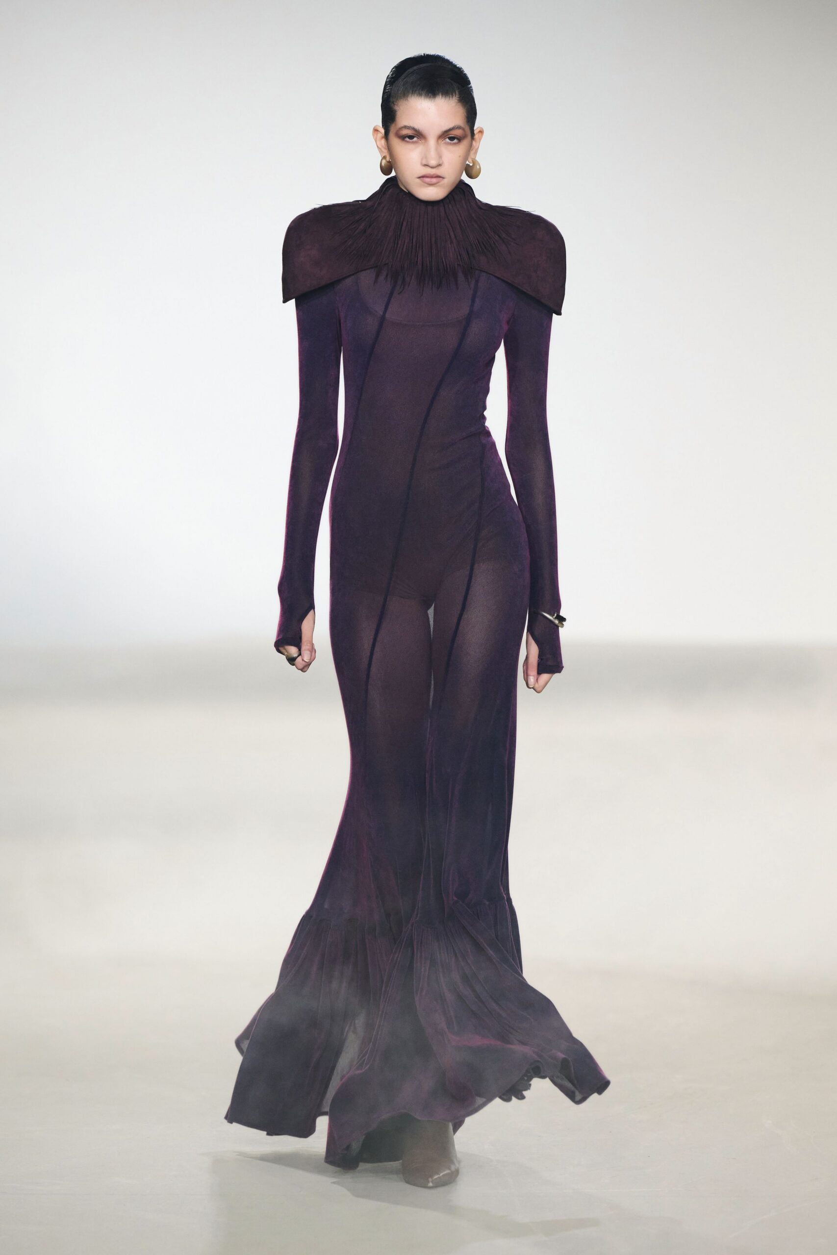 purple silk long-sleeve high-neck fitted pleated gown