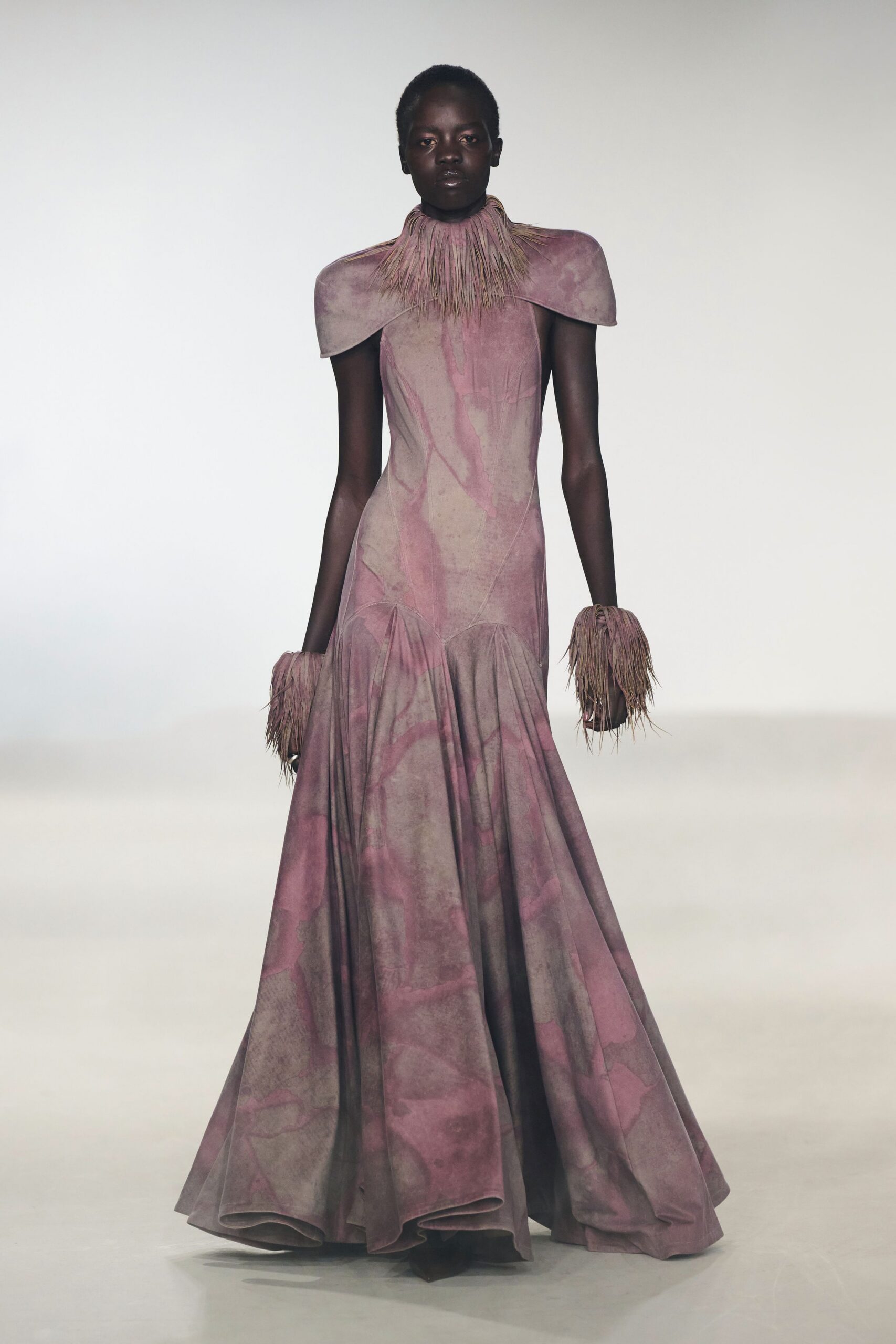 pink silk sleeveless high-neck fitted flared flowing gown
