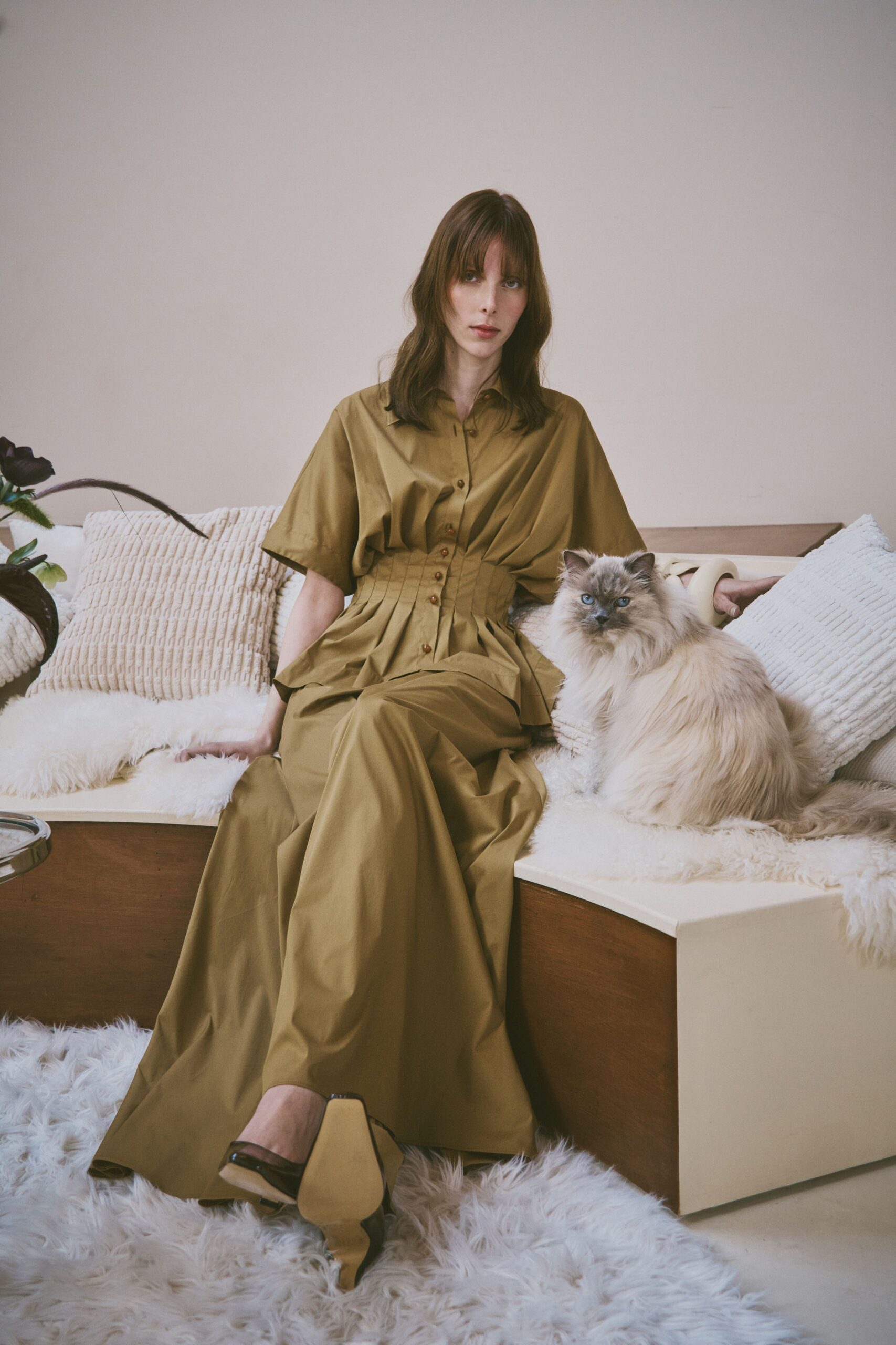 brown cotton short-sleeve collared fitted pleated tiered dress